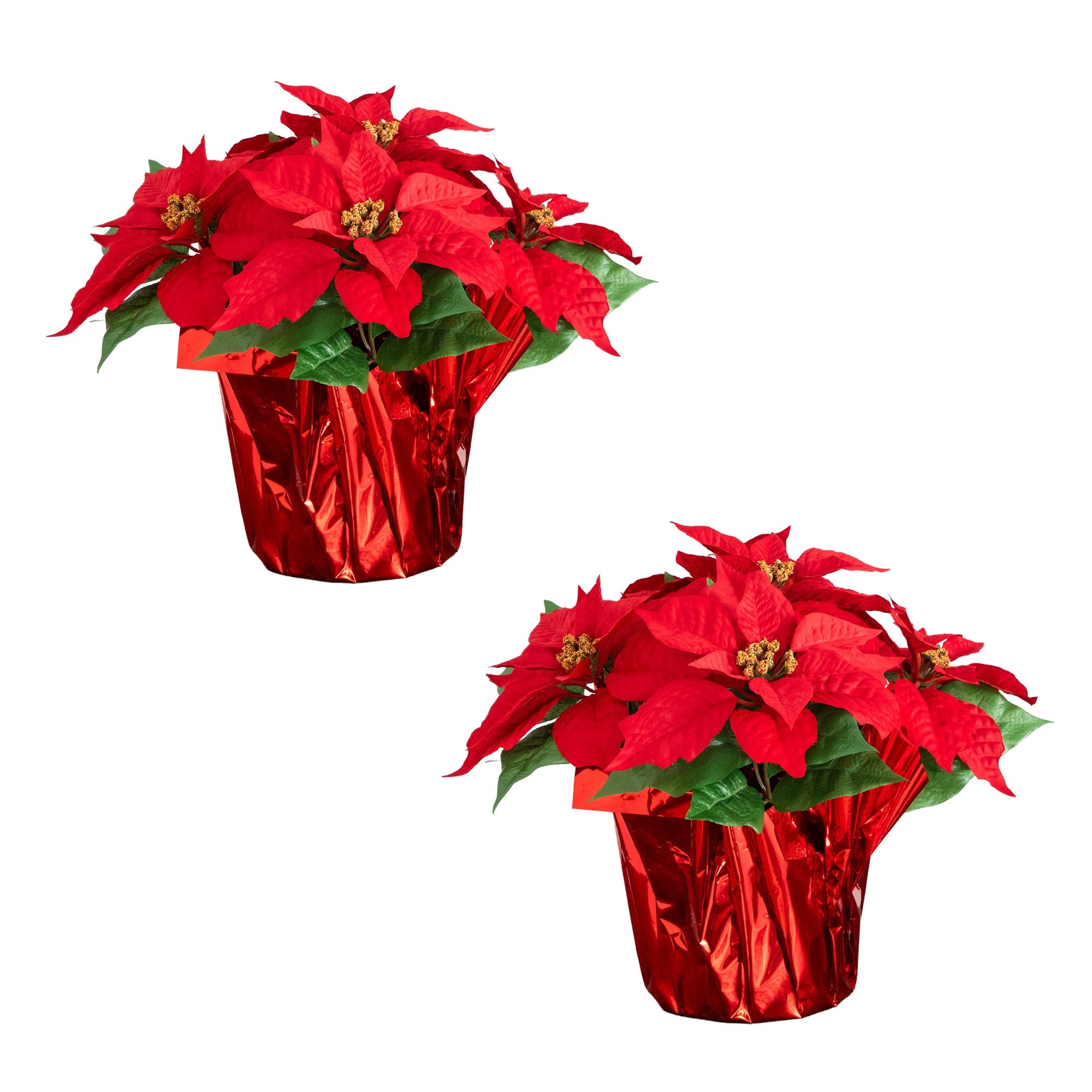Nearly Natural 13" Artificial Potted Poinsettia Arrangement in Red Wrapped Planters