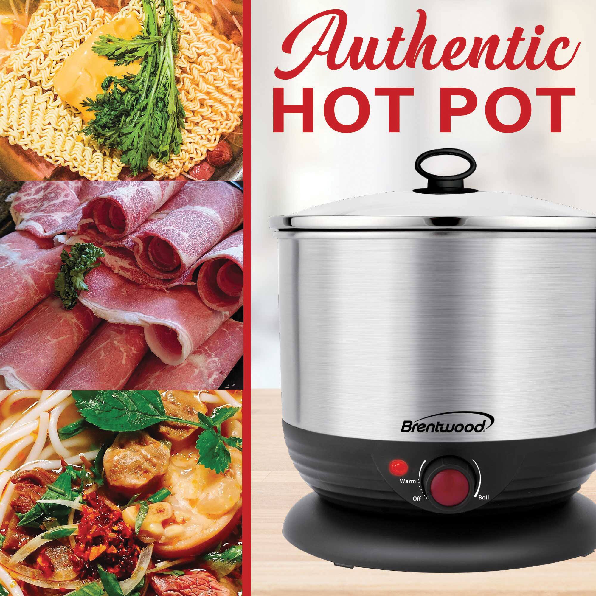 Brentwood Black 1.3qt. 600 Watt Stainless Steel Cordless Electric Hot Pot Cooker & Food Steamer With Swivel Base