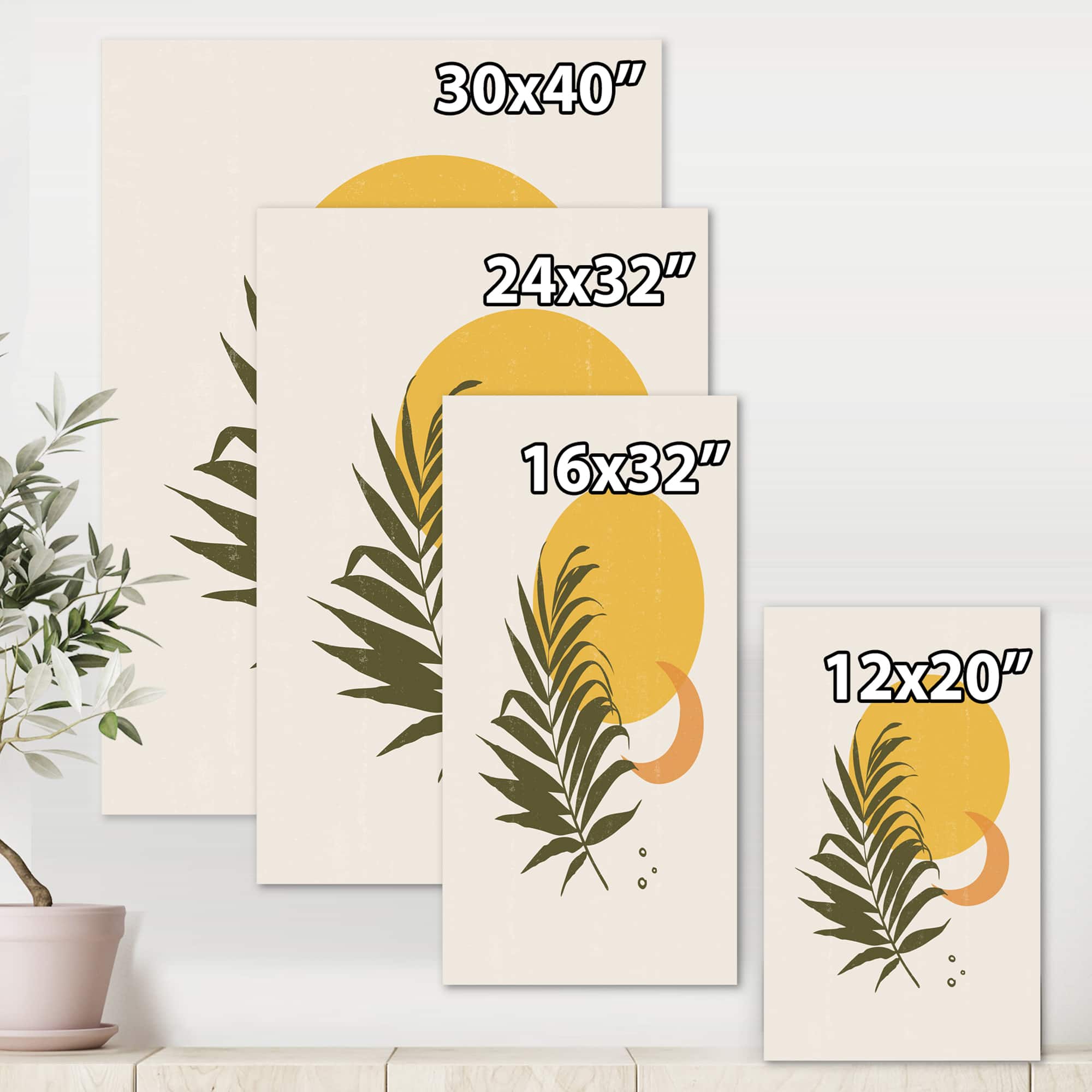 Designart - Abstract Yellow Sun and Moon With Tropical Leaf I - Modern Canvas Wall Art Print