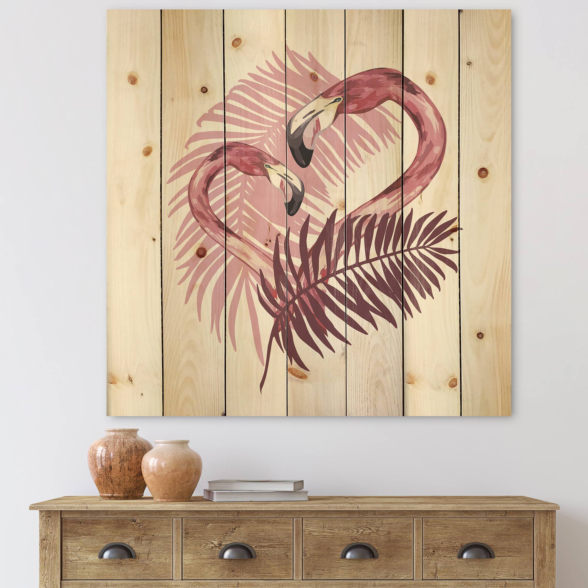 Designart - Flamingo In Tropical Summer I - Traditional Print on Natural Pine Wood