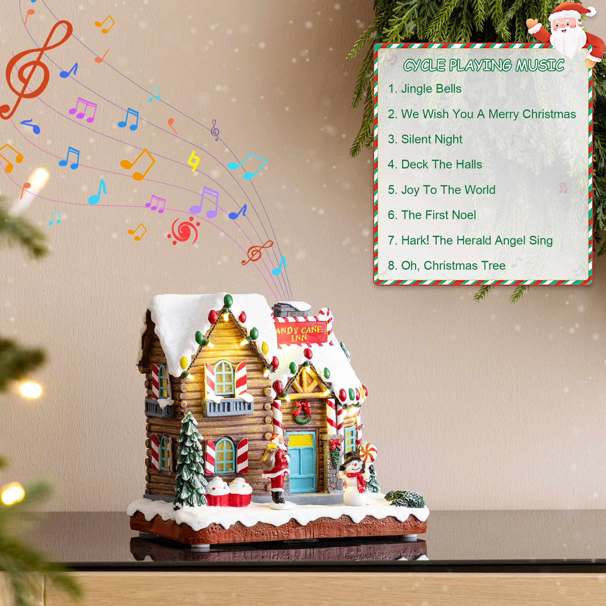 Glitzhome® 9" Lighted Christmas Candy Cane Inn Musical Resin Village with Timer
