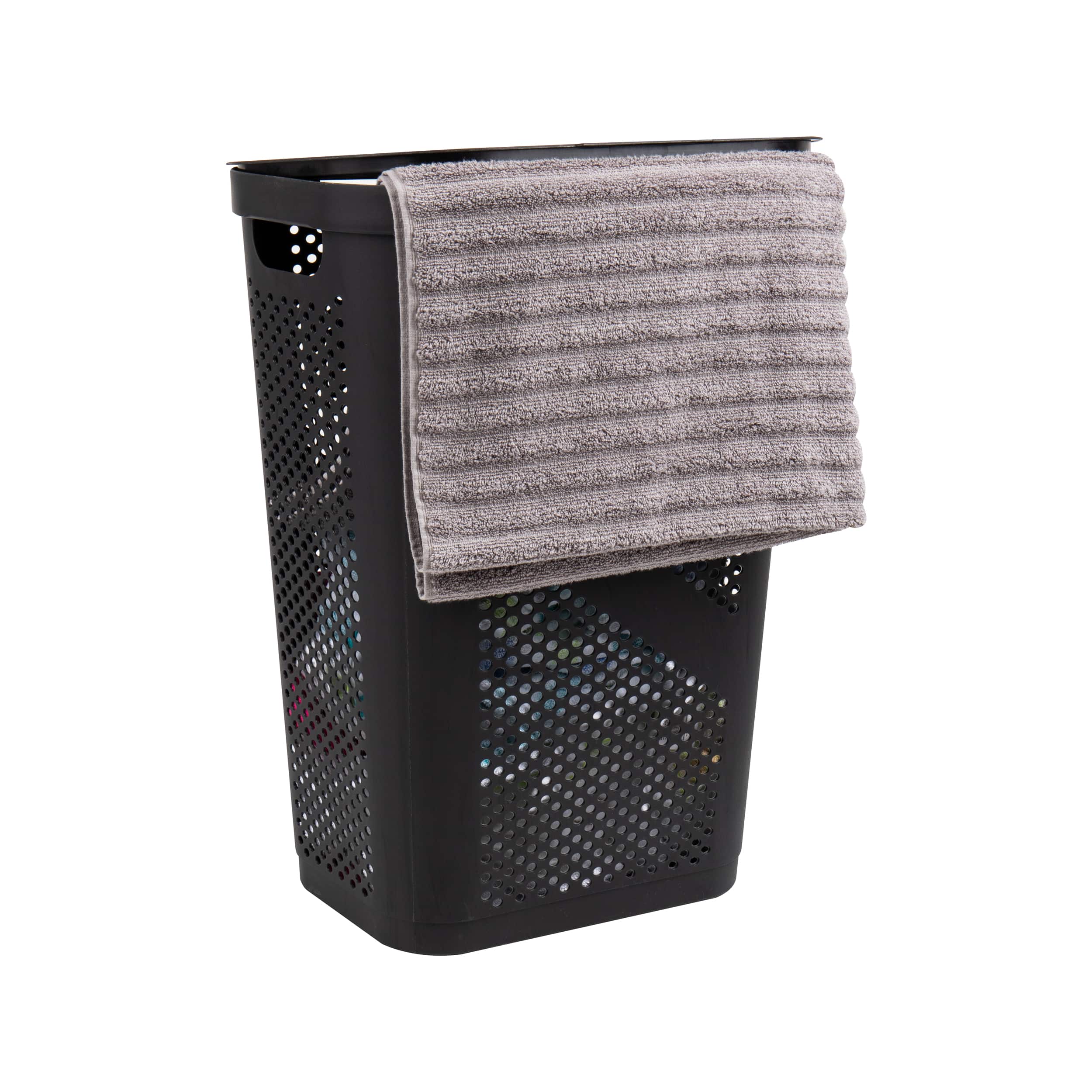 Mind Reader 60L Black Ventilated Slim Laundry Hamper with Cut Out Handles & Hinged Lid