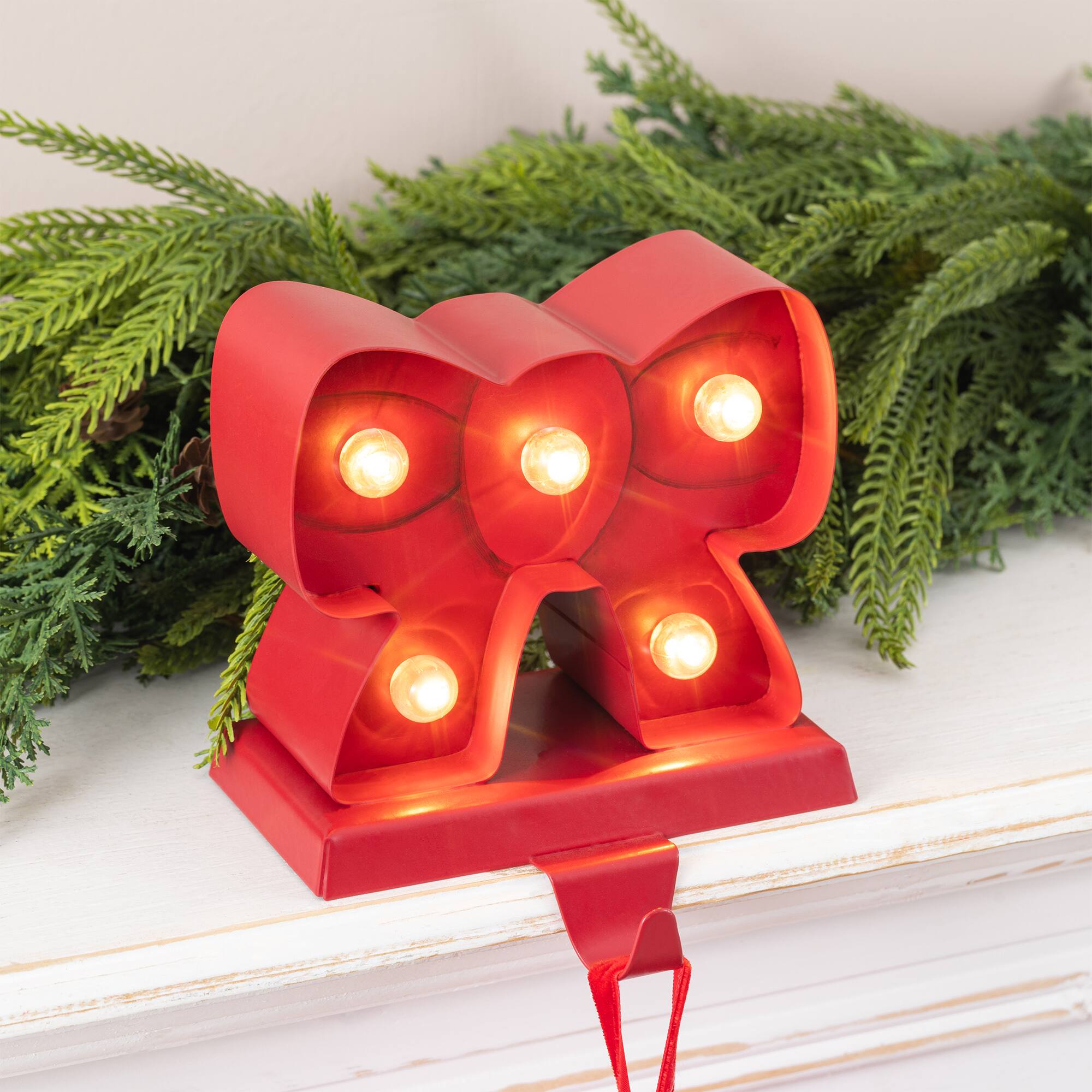 Glitzhome® 5.25" LED Marquee Metal Bow Christmas Stocking Holder