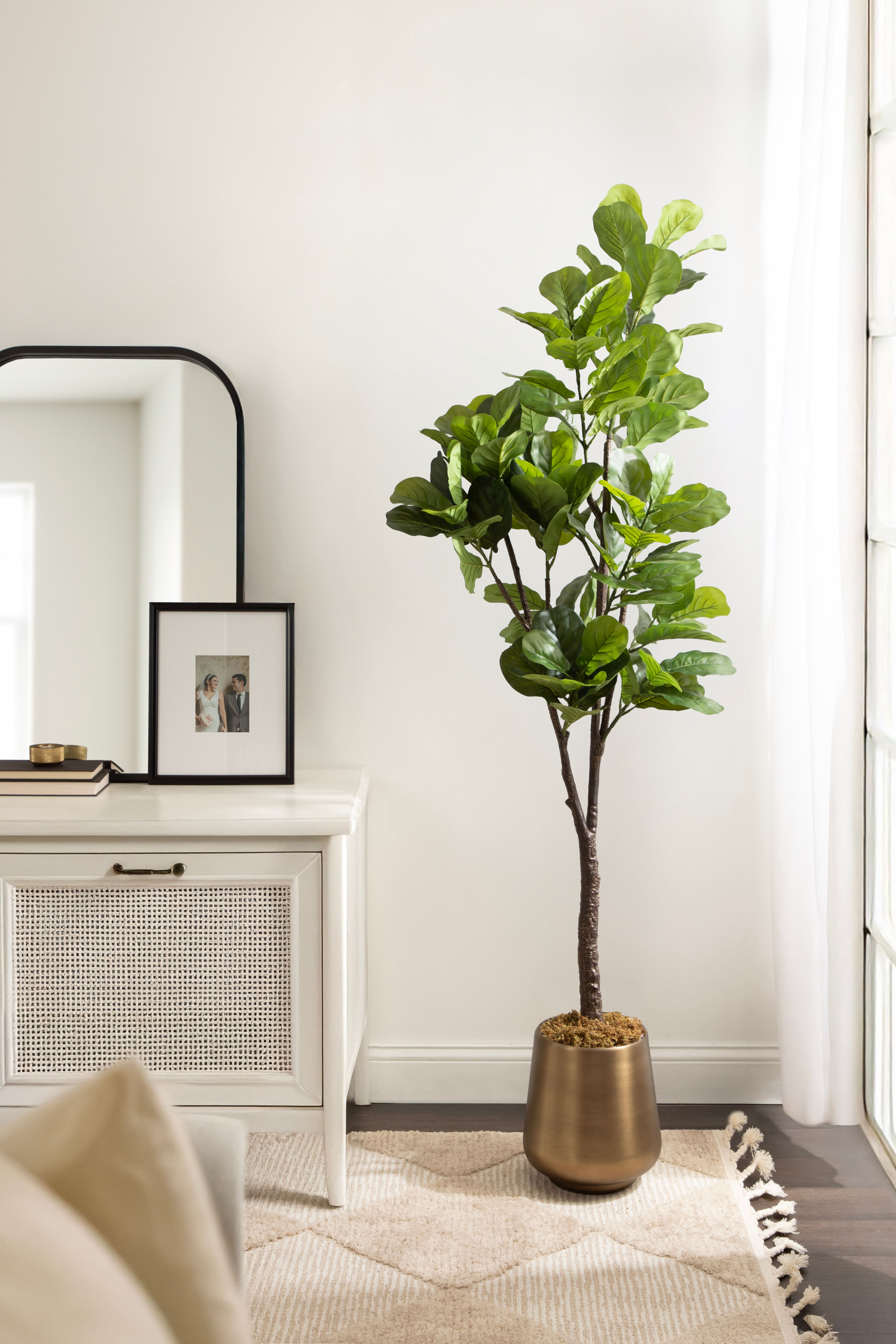 Kate and Laurel Fidmont 6ft. Faux Fiddle Fig Tree with Portell Antique Planter