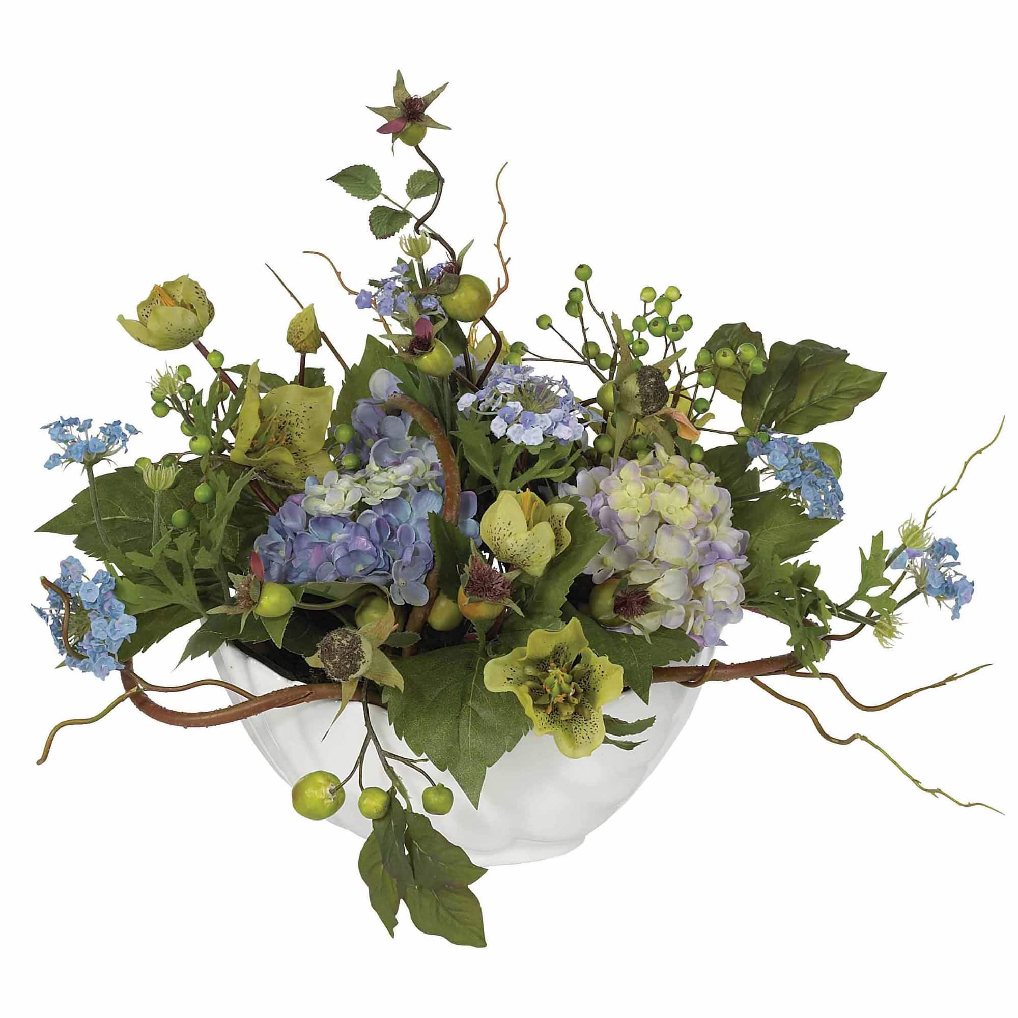 14" Blue Hydrangea Centerpiece in White Ceramic Bowl