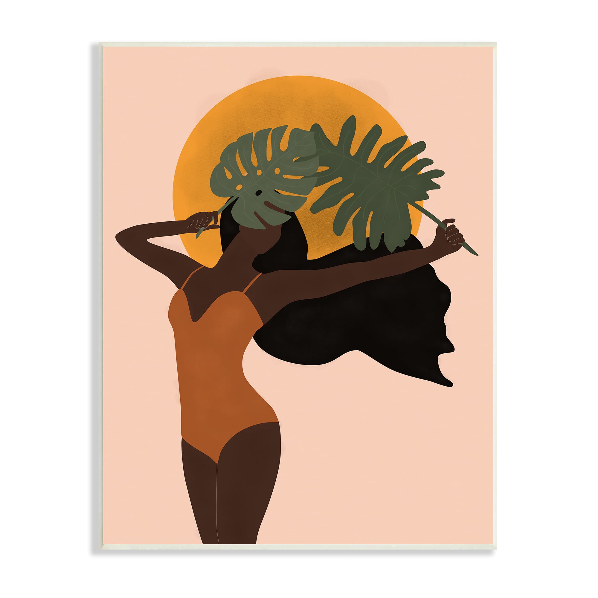 Stupell Industries Female Holding Tropical Monstera Leaf under Sun Wall Plaque
