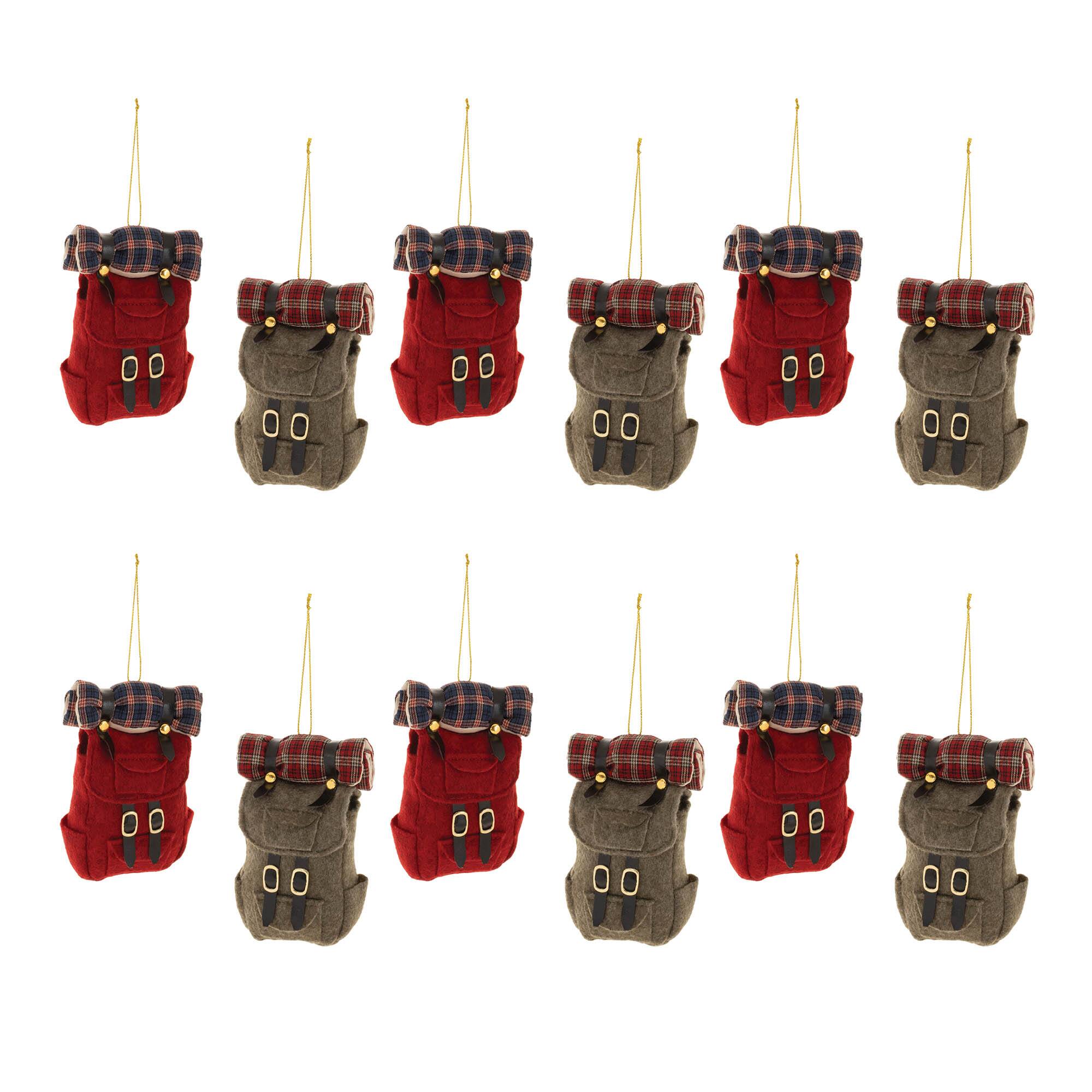 95029DS 4.5 in. Polyester Backpack Ornament, Red, Green & Brown - Set of 12