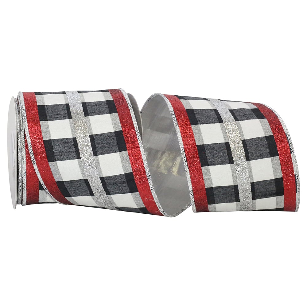 Reliant 4" x 5yd. Gingham Check Deluxe Dupioni Glitter Tri-stripes Wired Ribbon