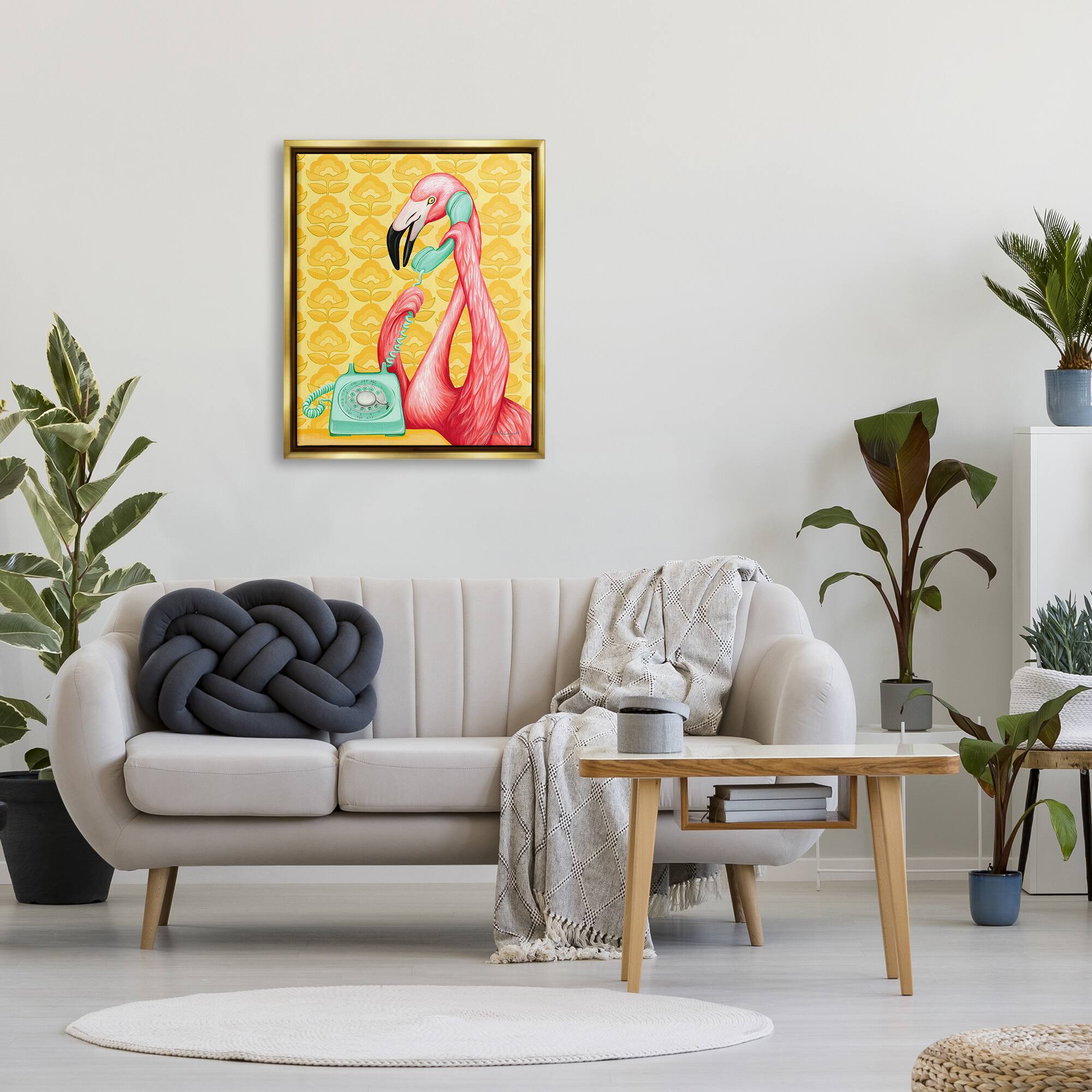 Stupell Industries Flamingo Calling Dial Telephone Groovy Flowers Framed Floater Canvas Wall Art