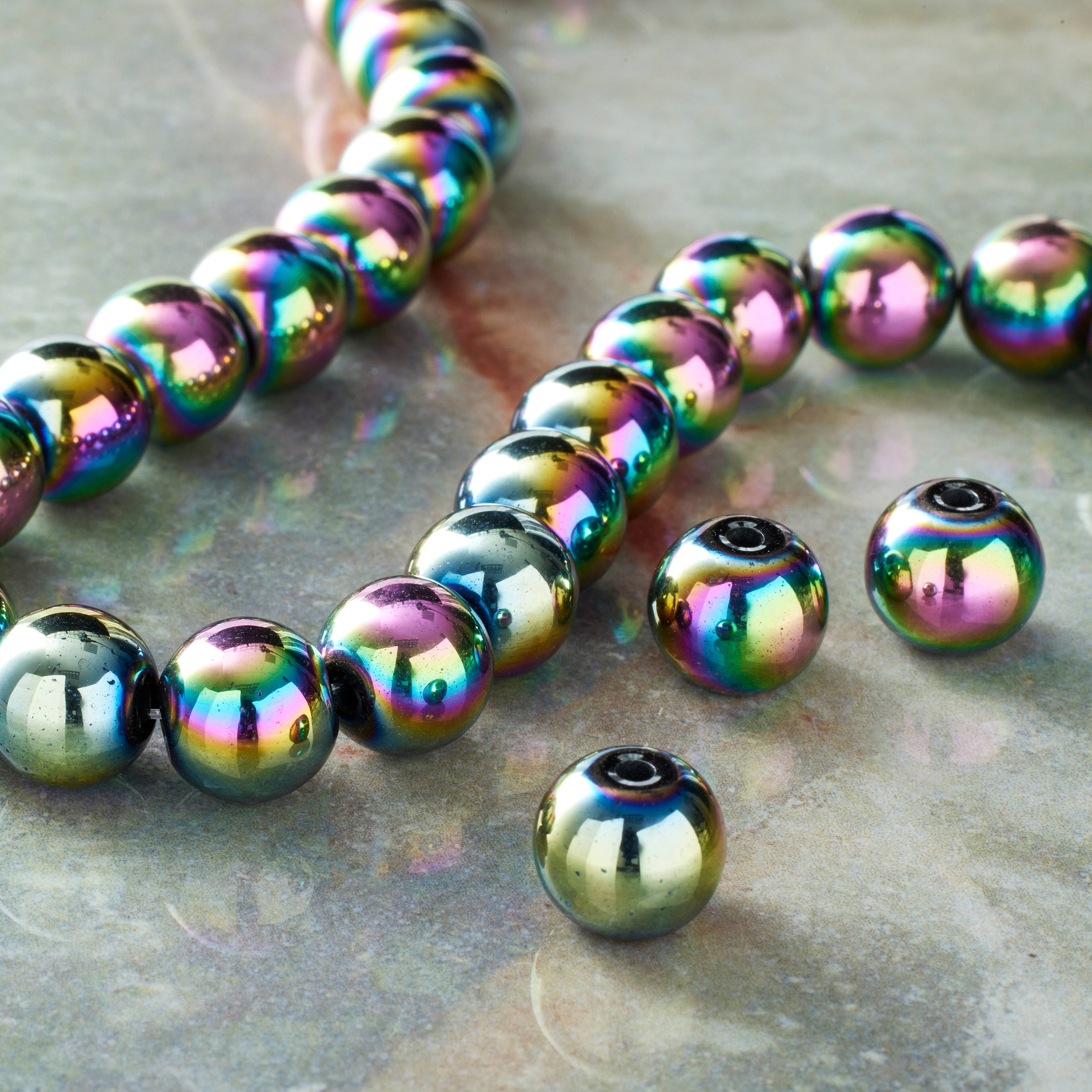 12 Pack: Rainbow Reconstituted Hematite Round Beads by Bead Landing