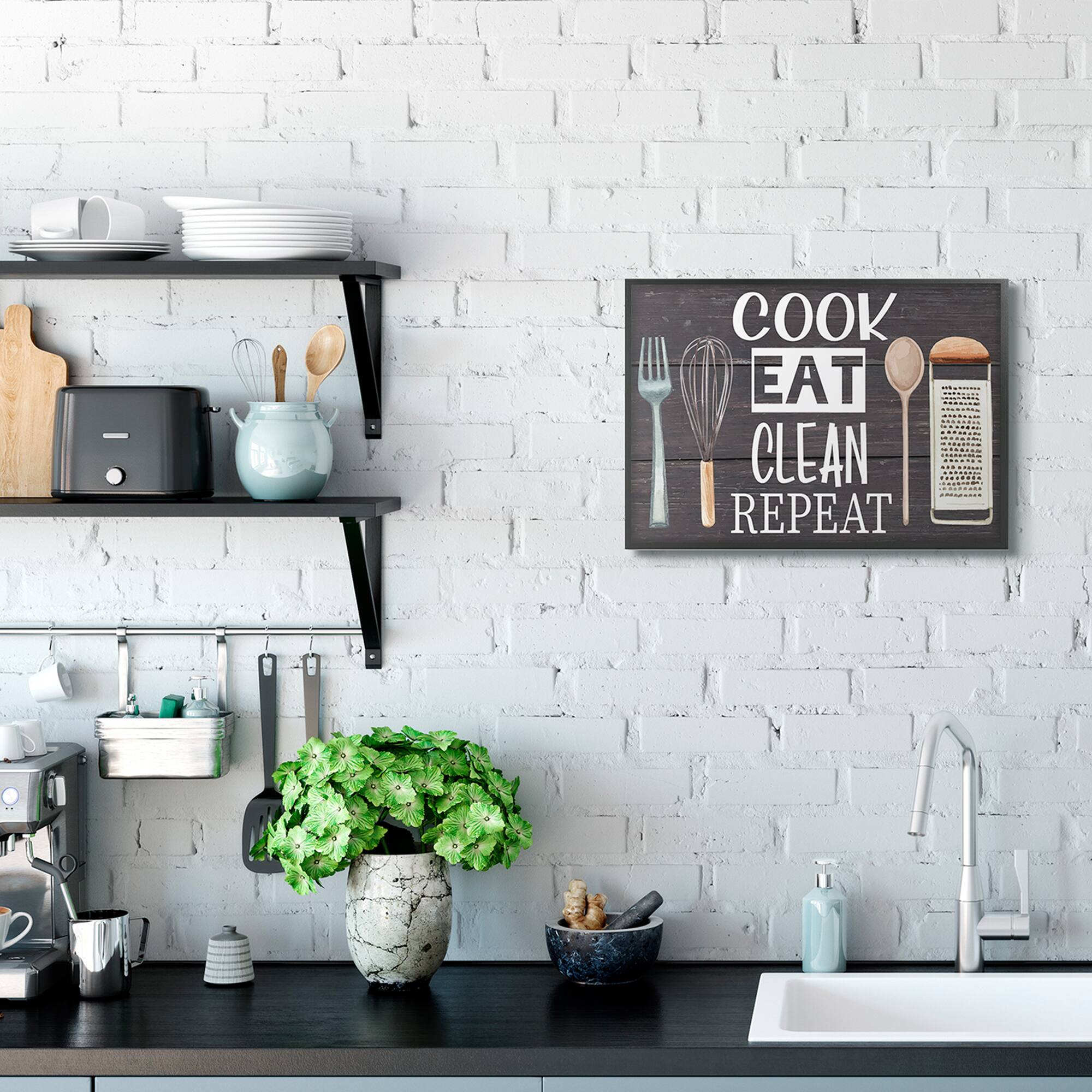 Stupell Industries Cook Eat Clean Humorous Quote Rustic Kitchenware in Frame Wall Art