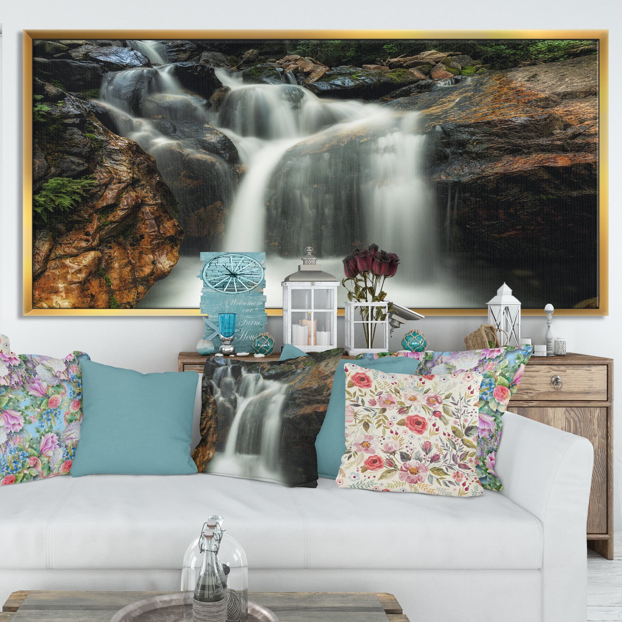 Designart - Slow Motion Waterfall on Rocks - Landscape Framed Canvas Art Print