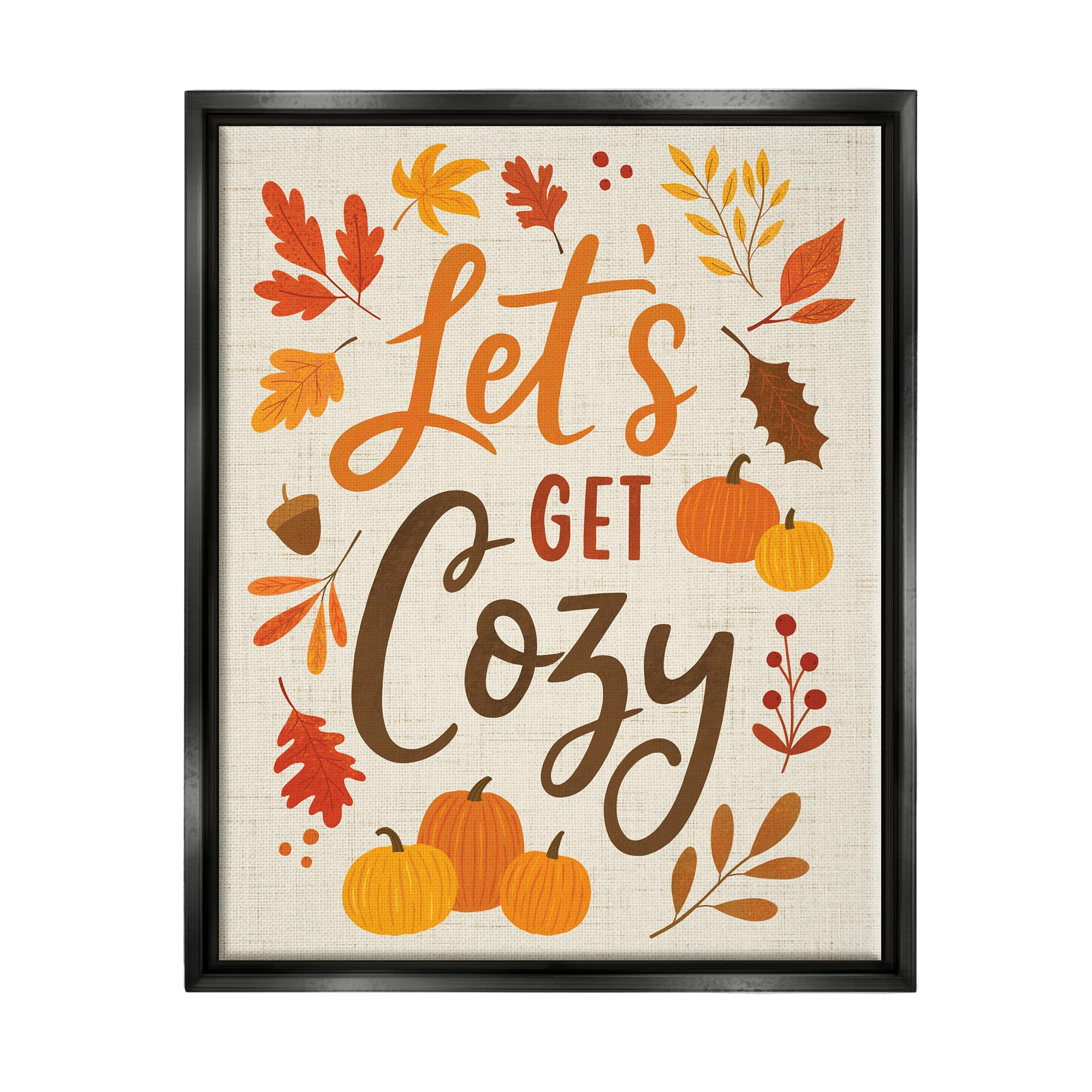 Stupell Industries Lets Get Cozy Autumnal Leaf Sprigs Framed Floater Canvas Wall Art