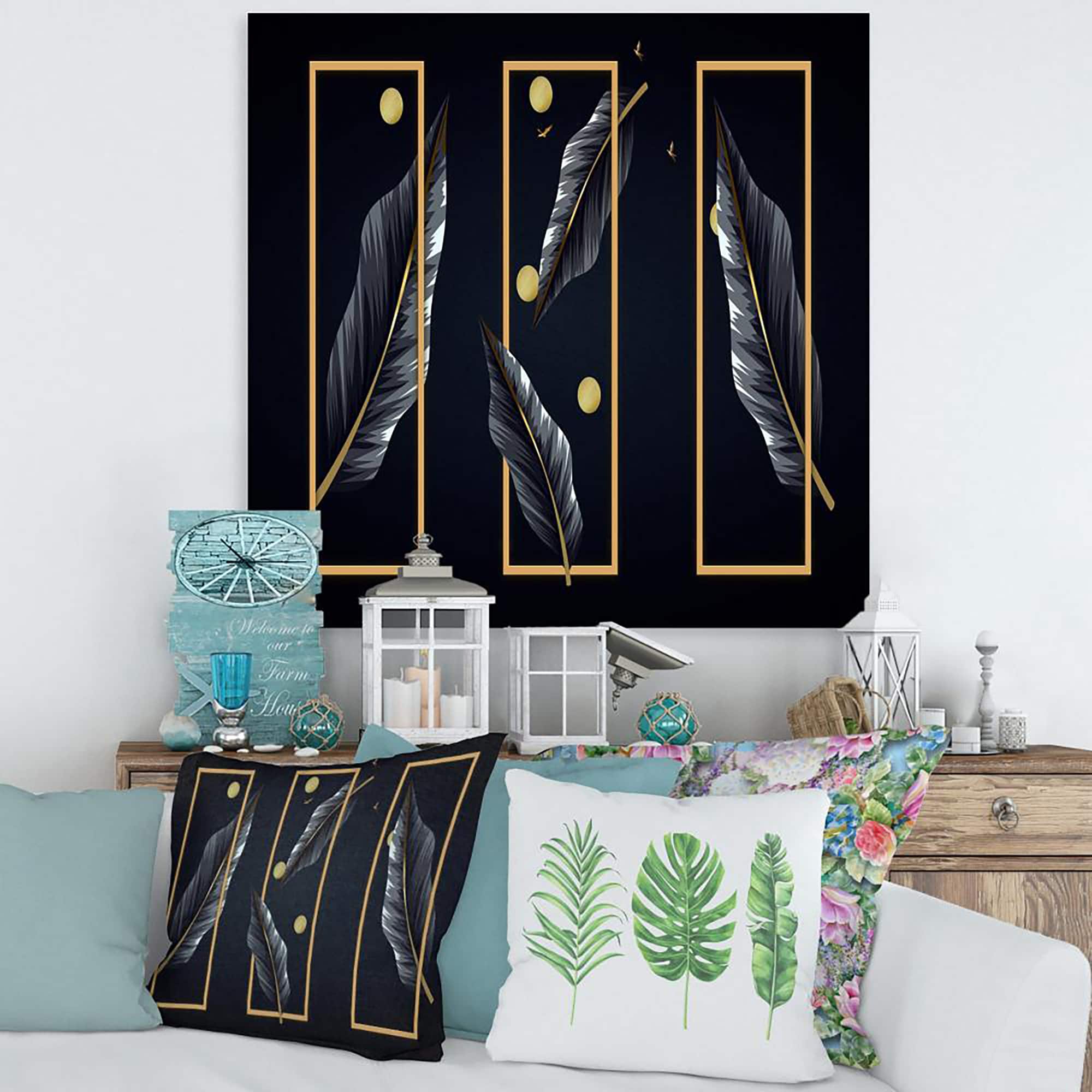 Designart - Black Tropical Leaves With Golden Rectangles - Modern Canvas Wall Art Print