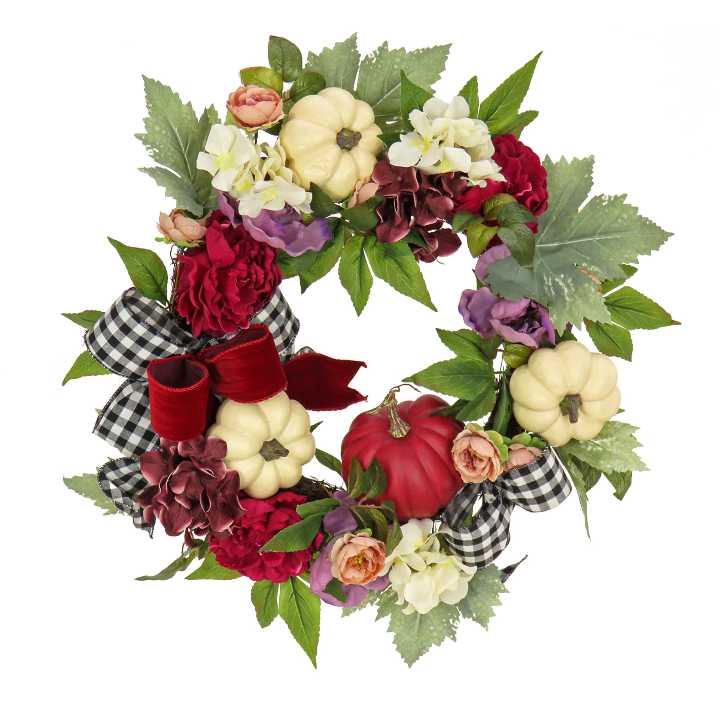 22" Harvest Wreath Decoration with Peony, Pumpkin and Bow