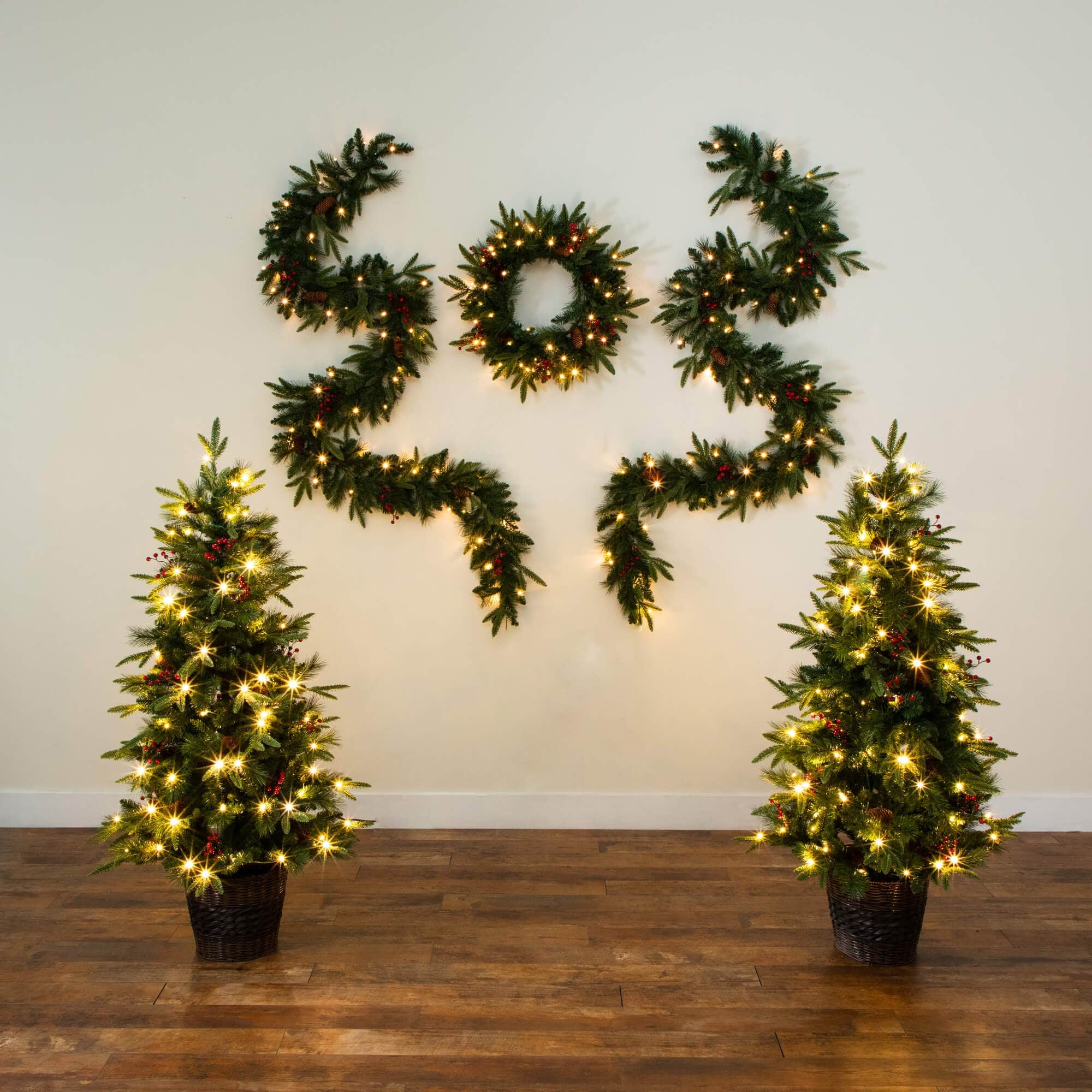 5 Piece Pre-Lit Norfolk Pine Artificial Tree, Garland and Wreath Set with Warm White LED Lights and Decorative Pots