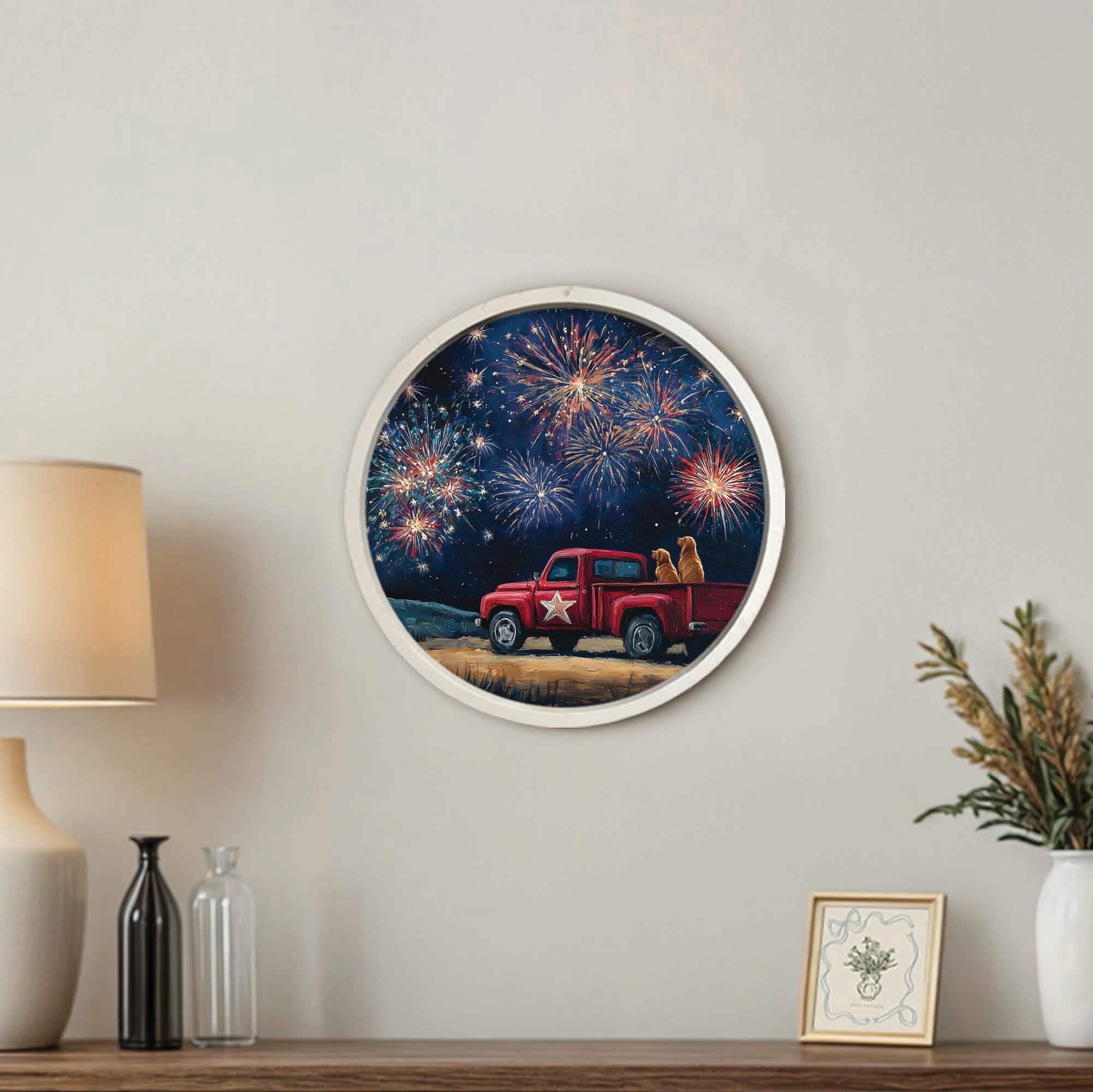 20" Goldens Watching Fireworks Round Framed Print