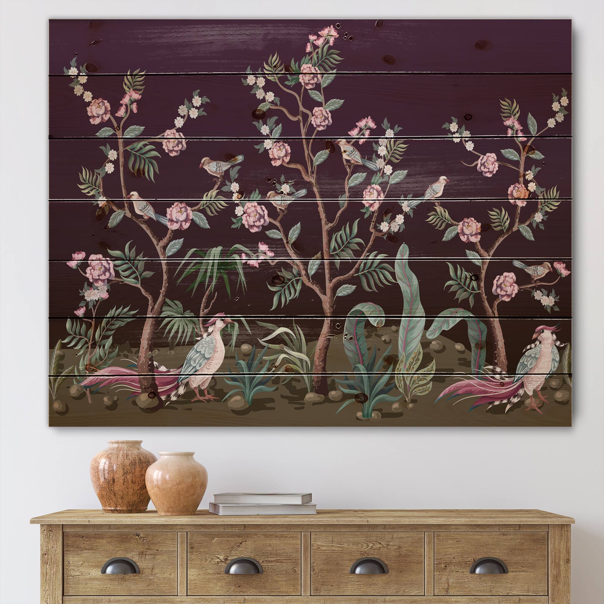 Designart - Chinoiserie With Birds and Peonies I - Traditional Print on Natural Pine Wood