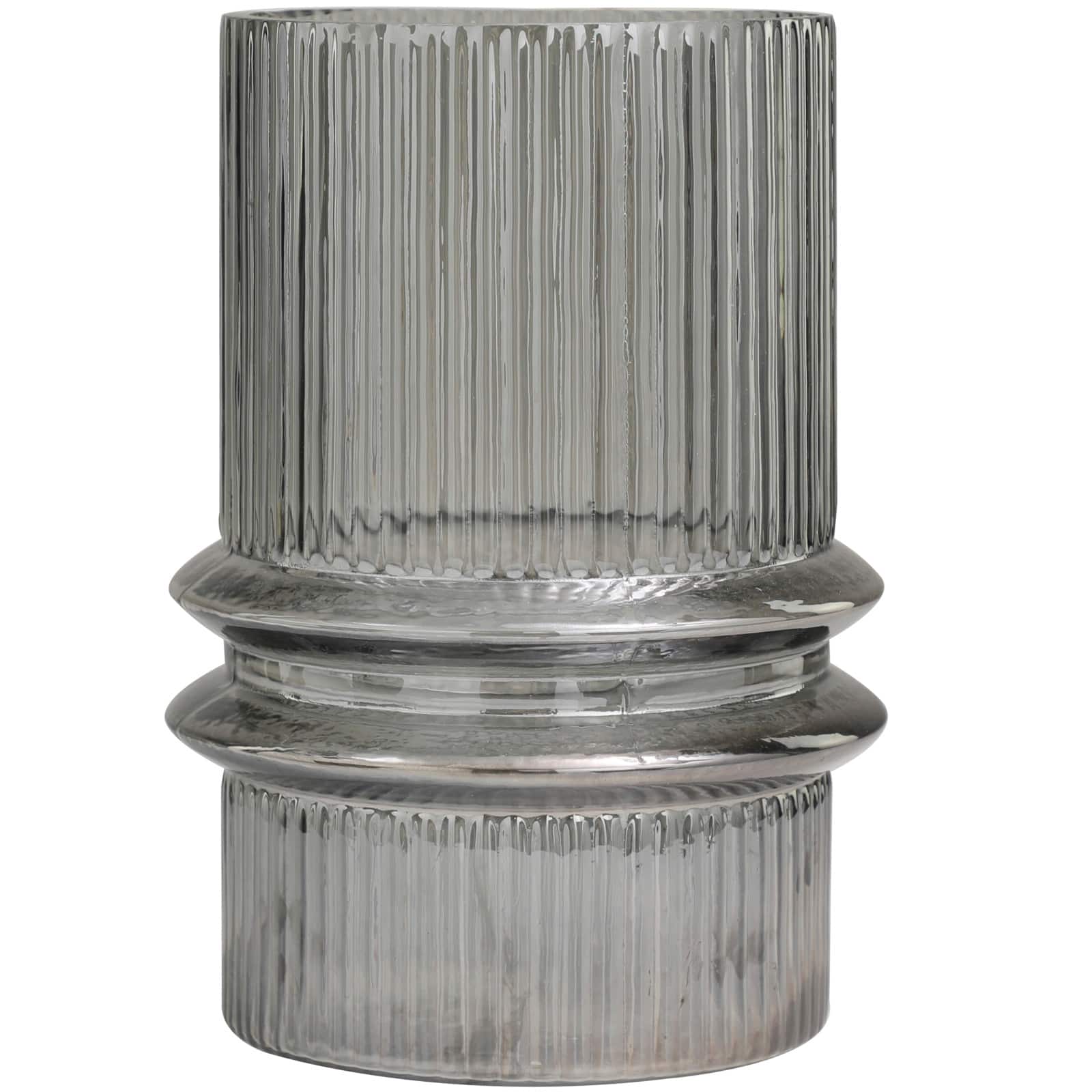 12" Gray Glass Wide Ribbed Vase with Fluted Center