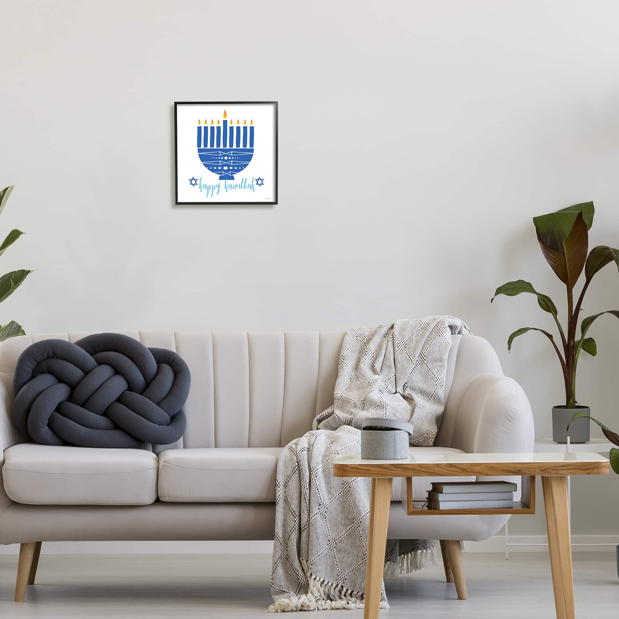 Stupell Industries Happy Hanukkah Patterned Blue Menorah Framed Giclee Art