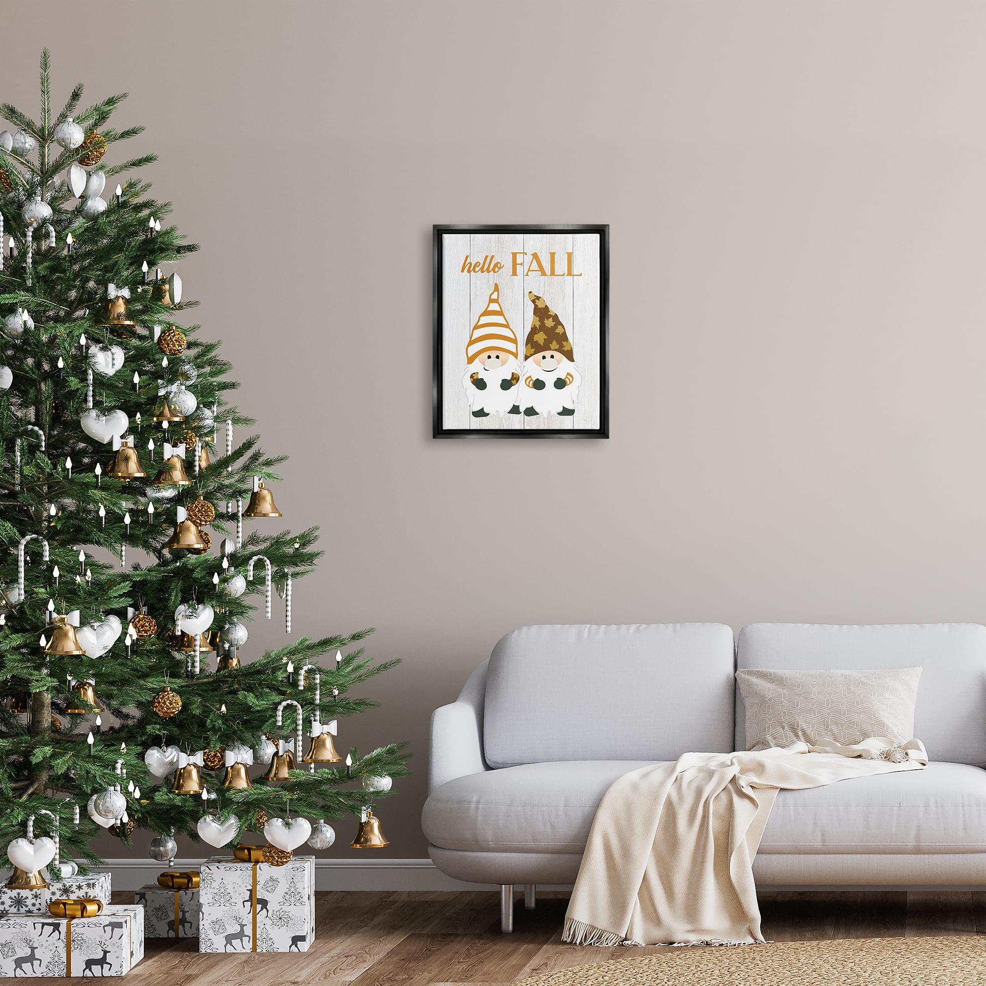 Stupell Industries Hello Fall Whimsical Gnomes Framed Floater Canvas Wall Art