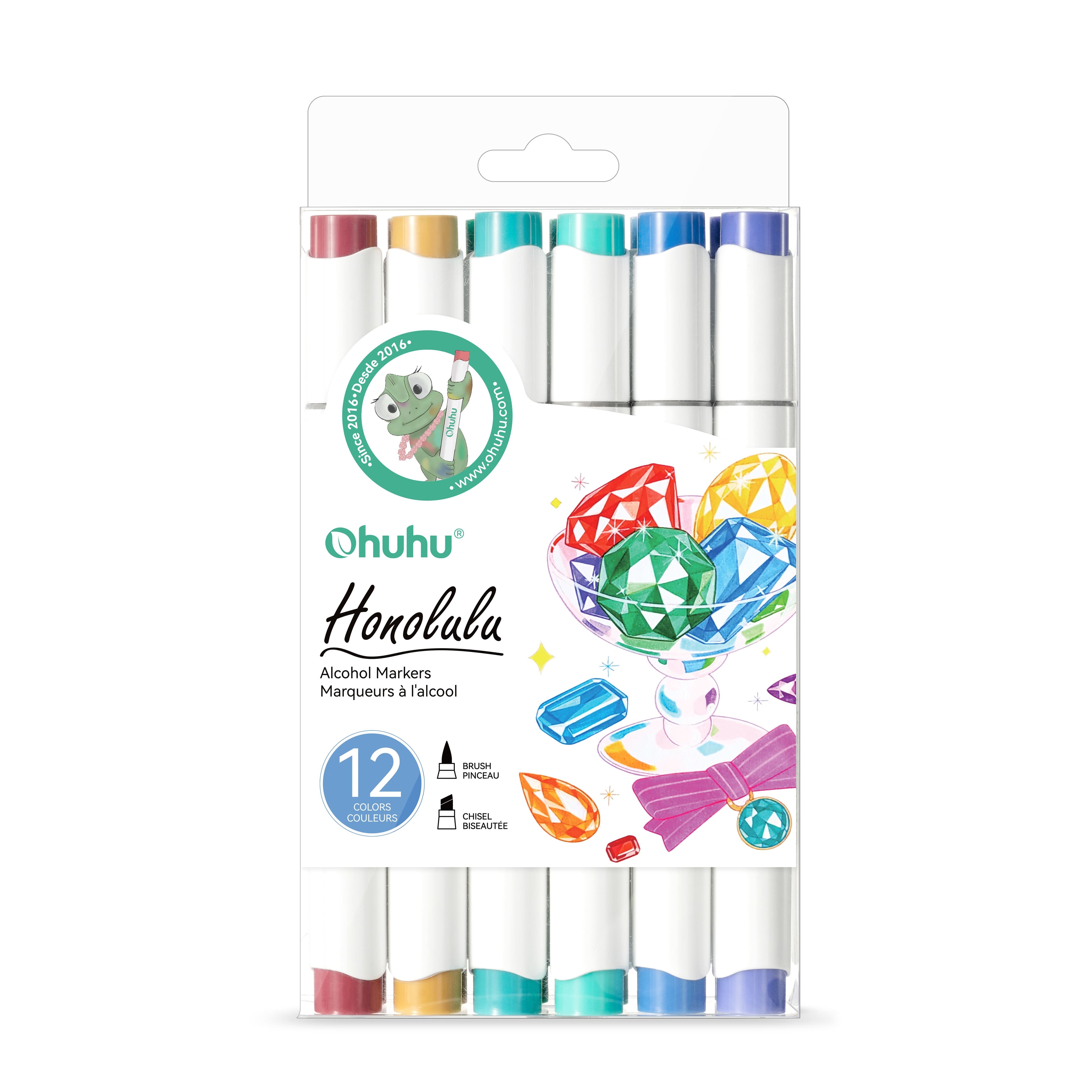 Ohuhu® Honolulu 12 Color Brush & Chisel Dual Tip Jewel Alcohol Markers