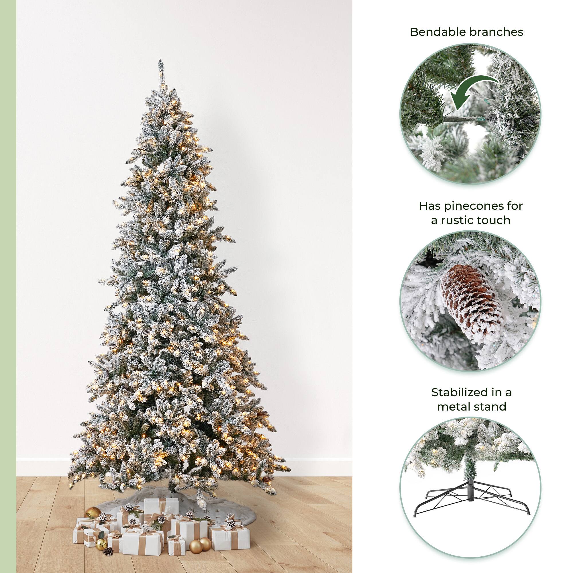 11ft. Pre-Lit Flocked Livingston Fir Artificial Christmas Tree with Pine Cones, Clear LED Lights