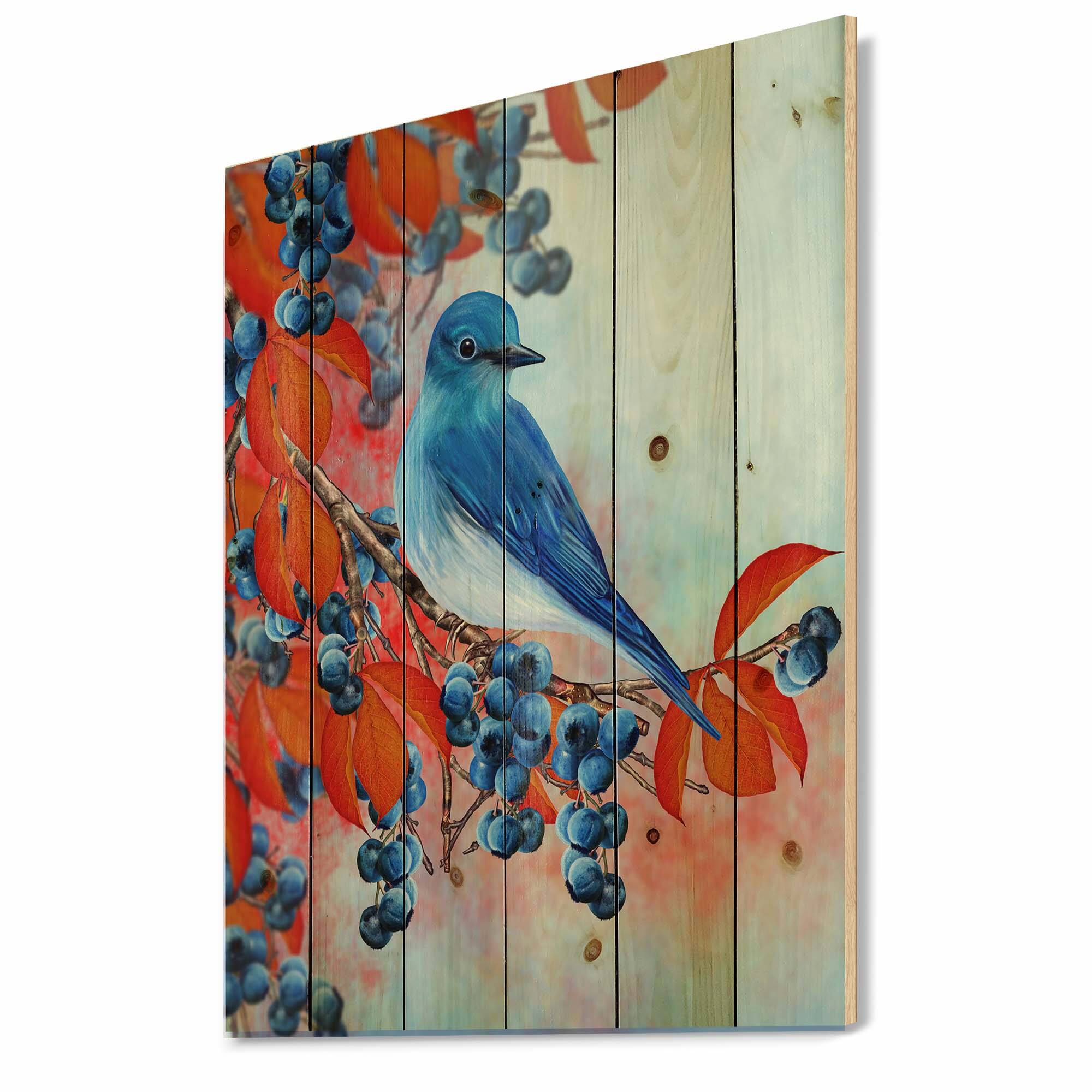 Designart - Bright Bird Bullfinch Sitting On A Branch III - Traditional Print on Natural Pine Wood