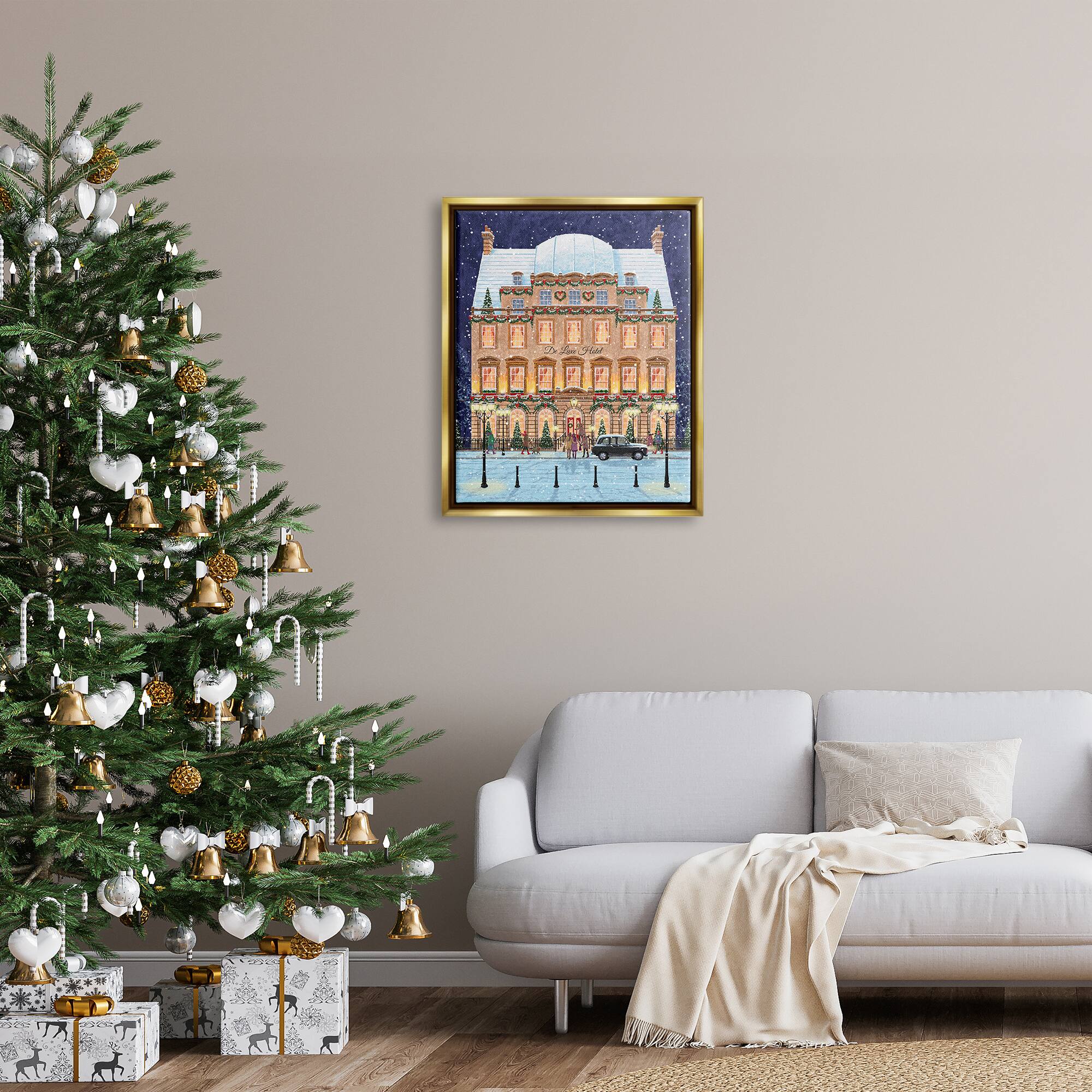 Stupell Industries Winter Hotel Christmas Festival Framed Floater Canvas Wall Art