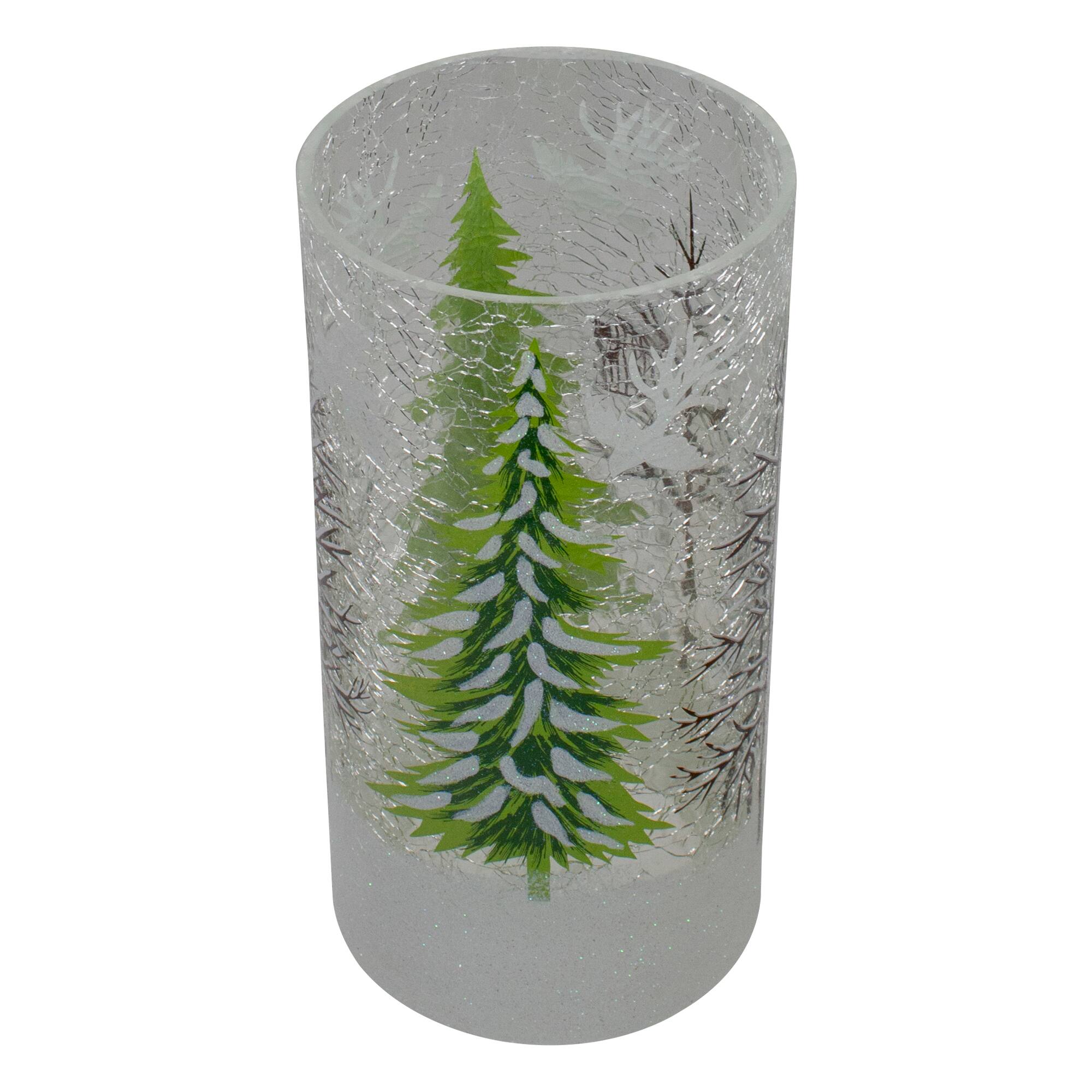 8" Hand Painted Christmas Pine Trees Flameless Glass Candle Holder