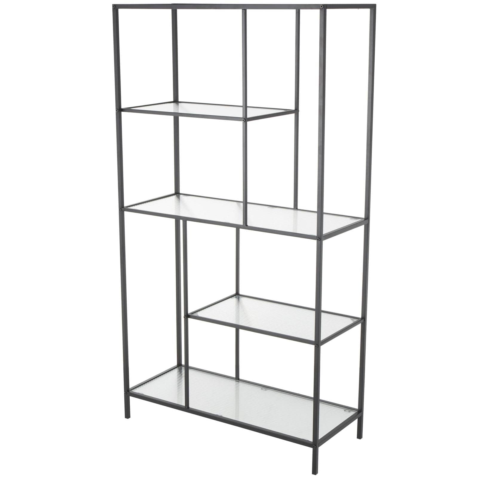 32" x 58" Black Metal 4 Shelf Storage Shelving Unit with Clear Glass Shelves