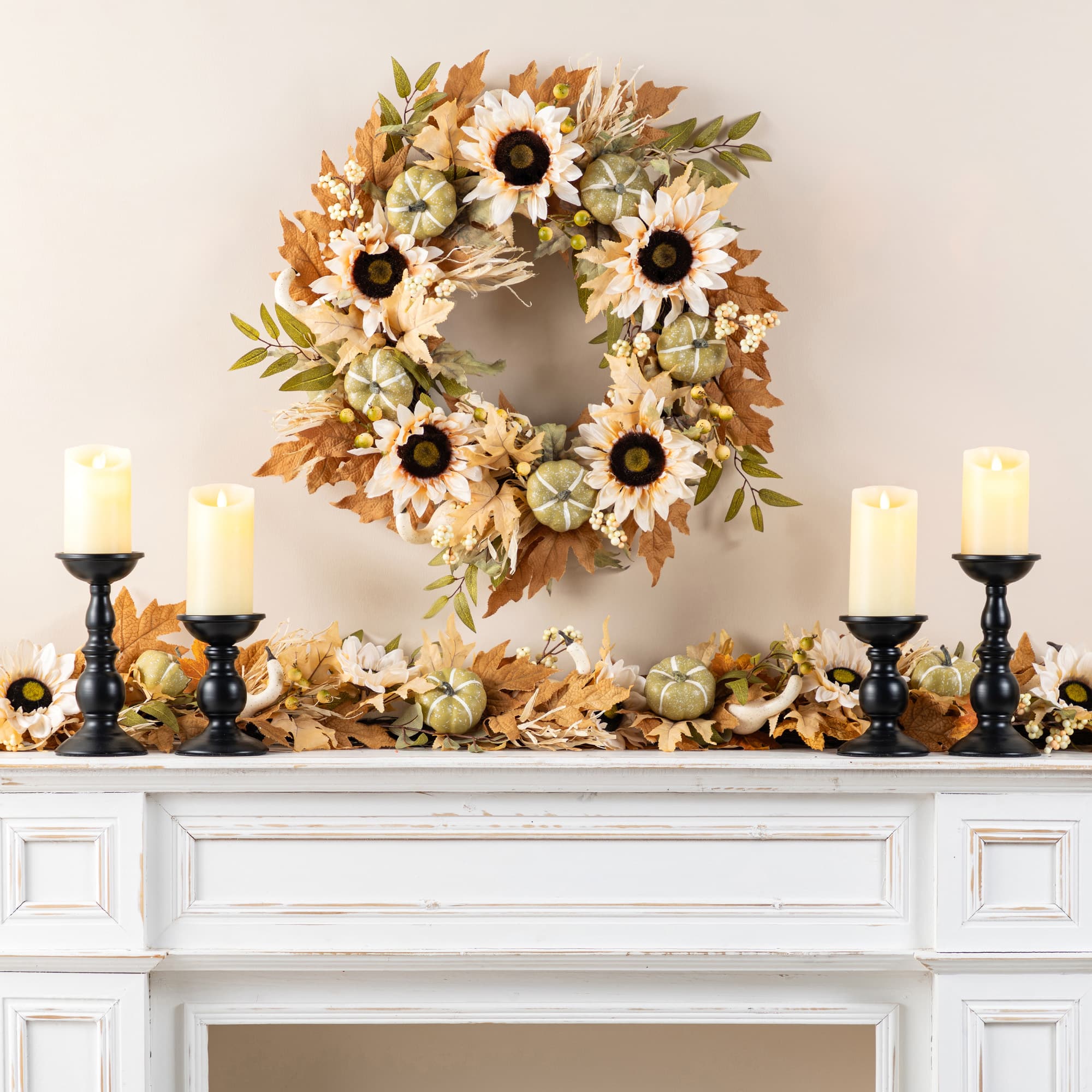 Glitzhome® 24" Fall Neutral Sunflower, Pumpkin and Leaf Wreath