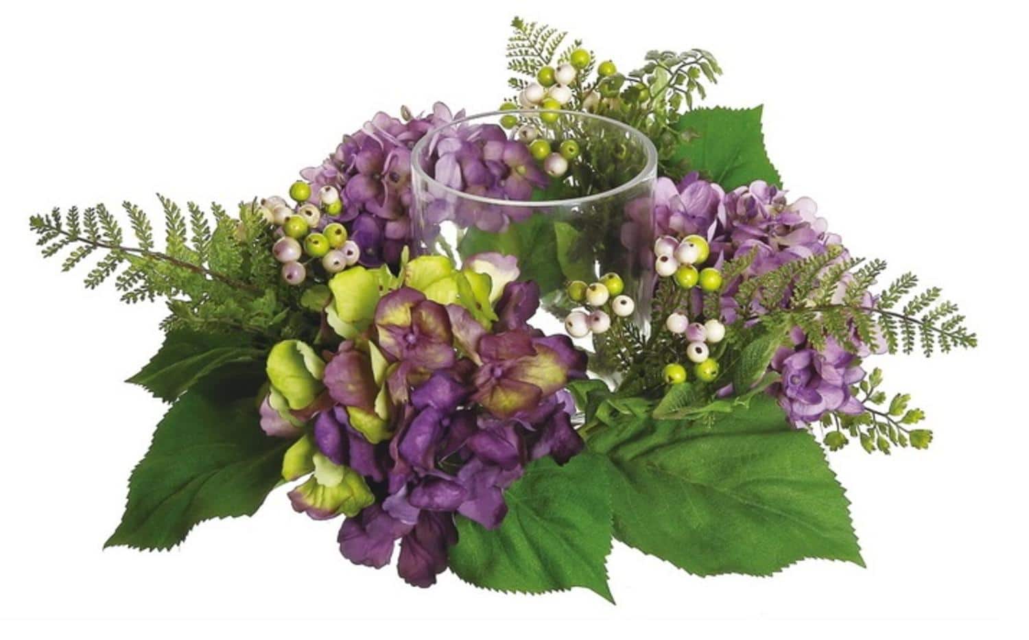 Purple & Green Artificial Hydrangea & Berry Hurricane Glass Candle Holder