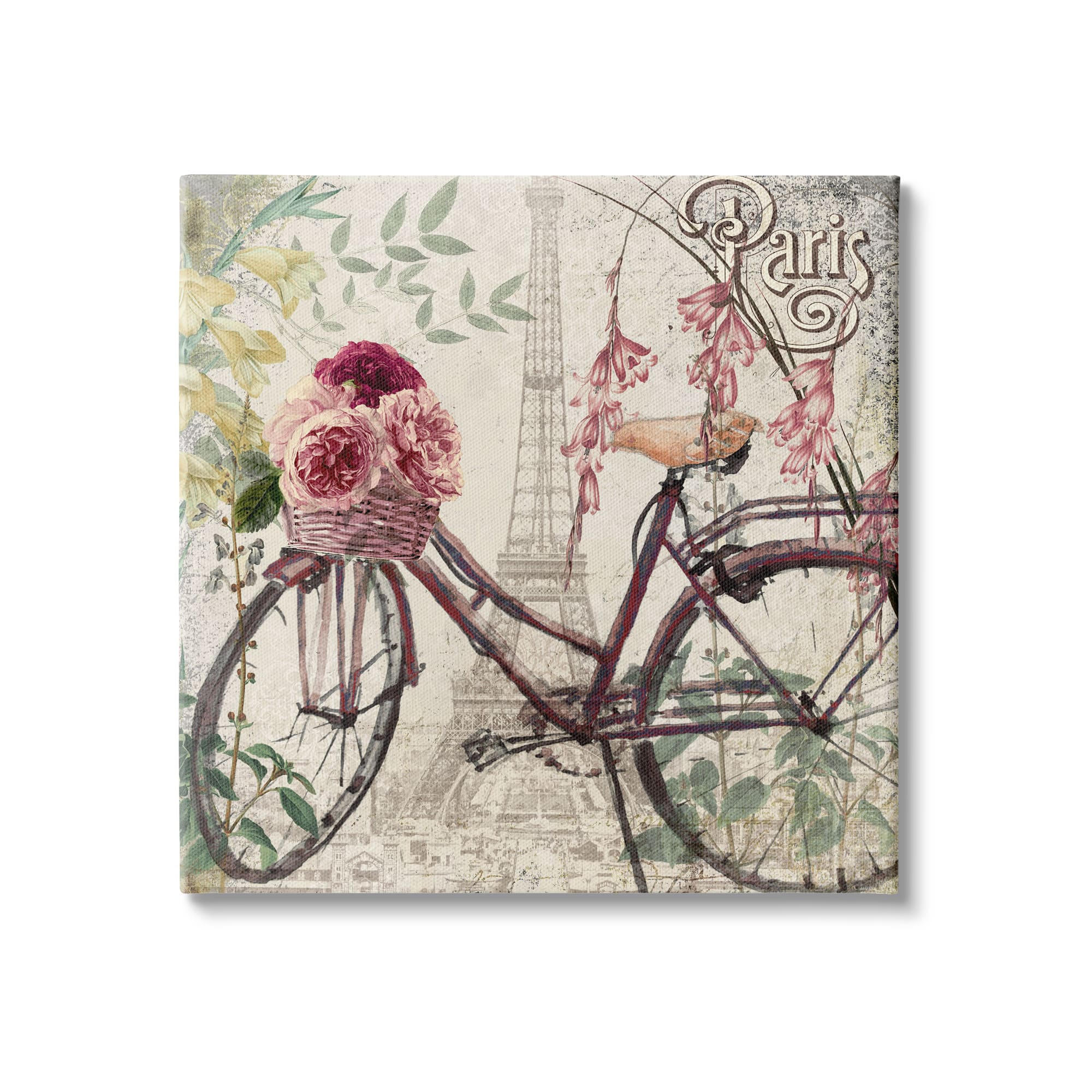 Stupell Industries Pink Peonies Bicycle Bouquet Vintage Parisian Architecture Canvas Wall Art