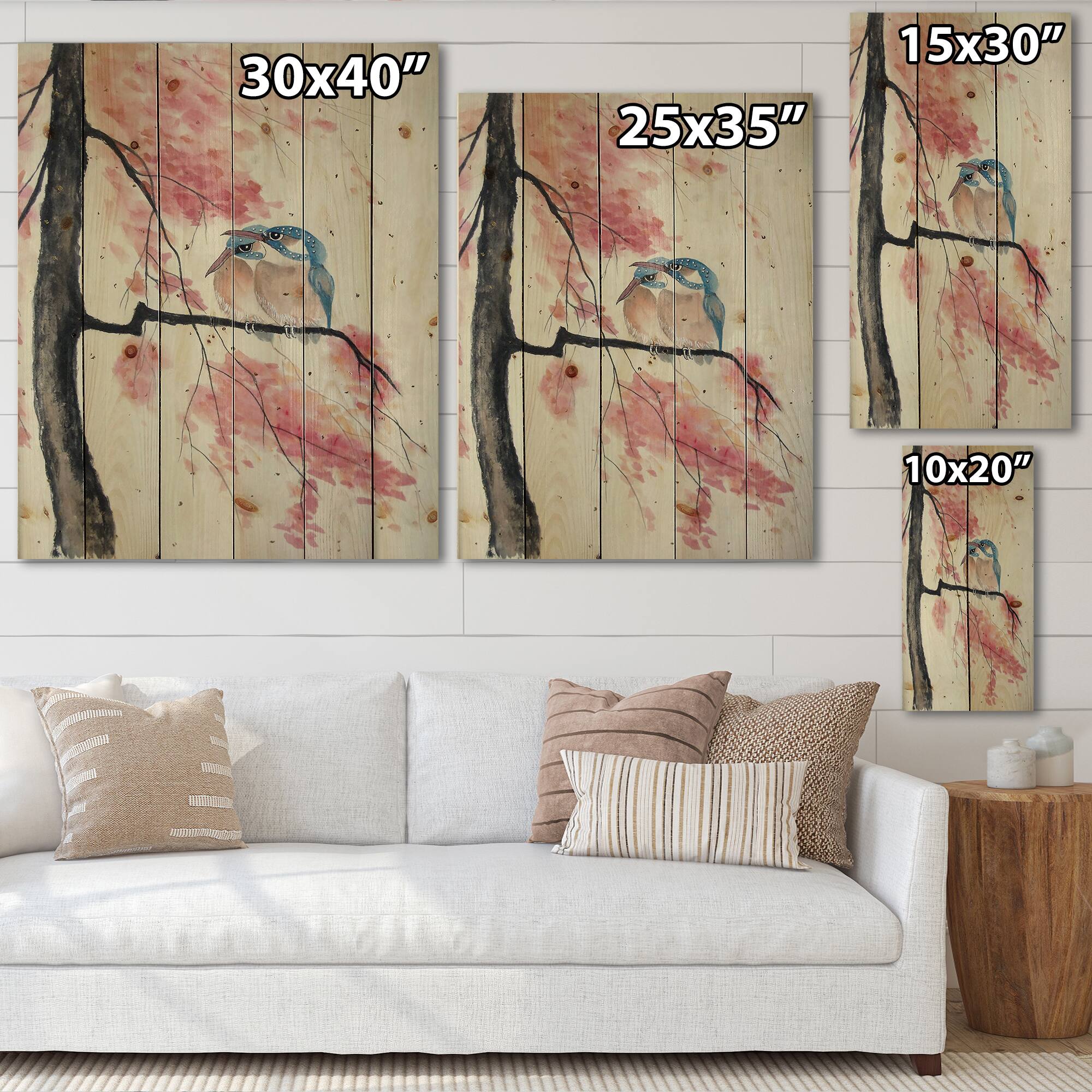 Designart - Two Kingfisher Birds Sit On A Flowering Branch - Traditional Print on Natural Pine Wood