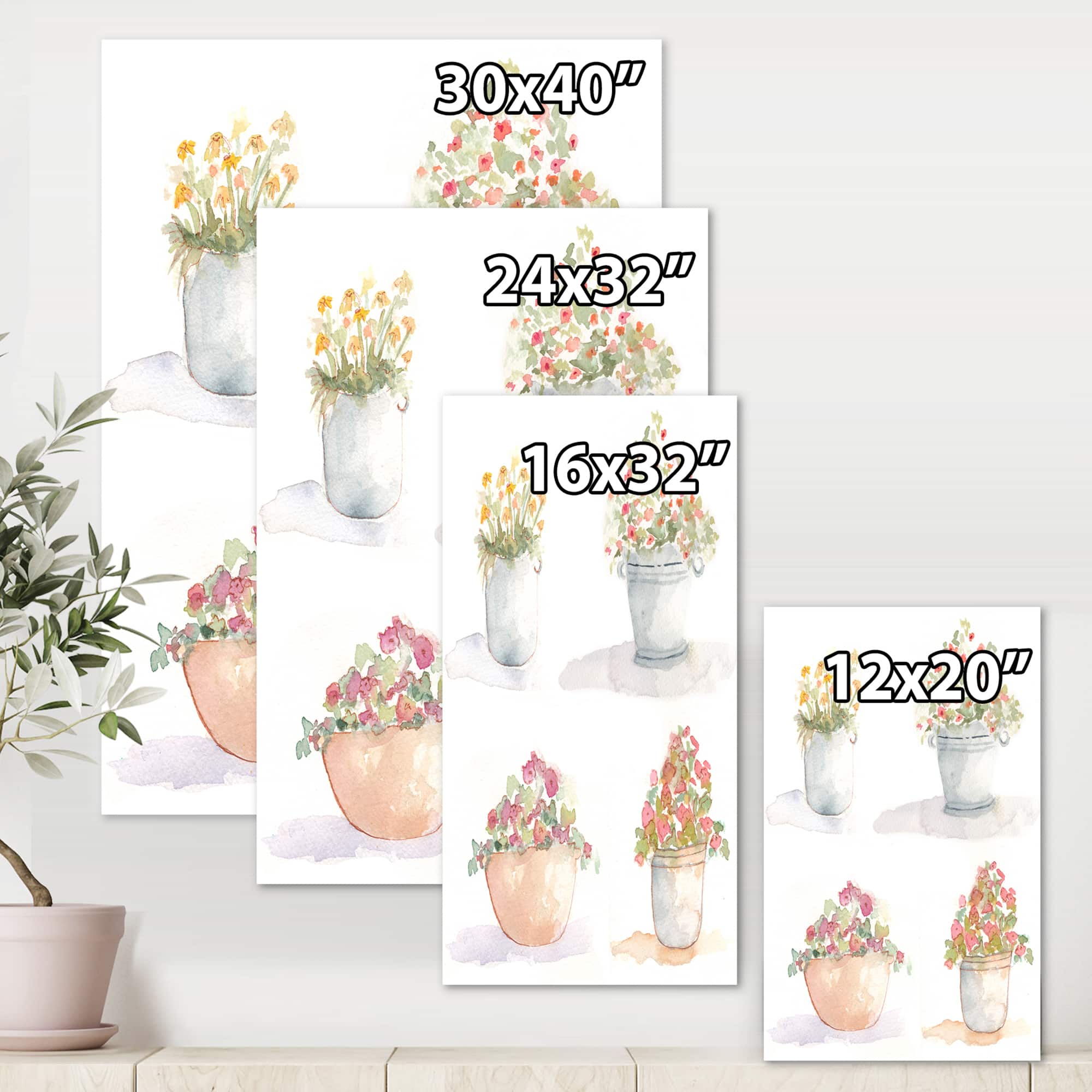 Designart - Four Outdoor Flower Pots - Traditional Canvas Wall Art Print