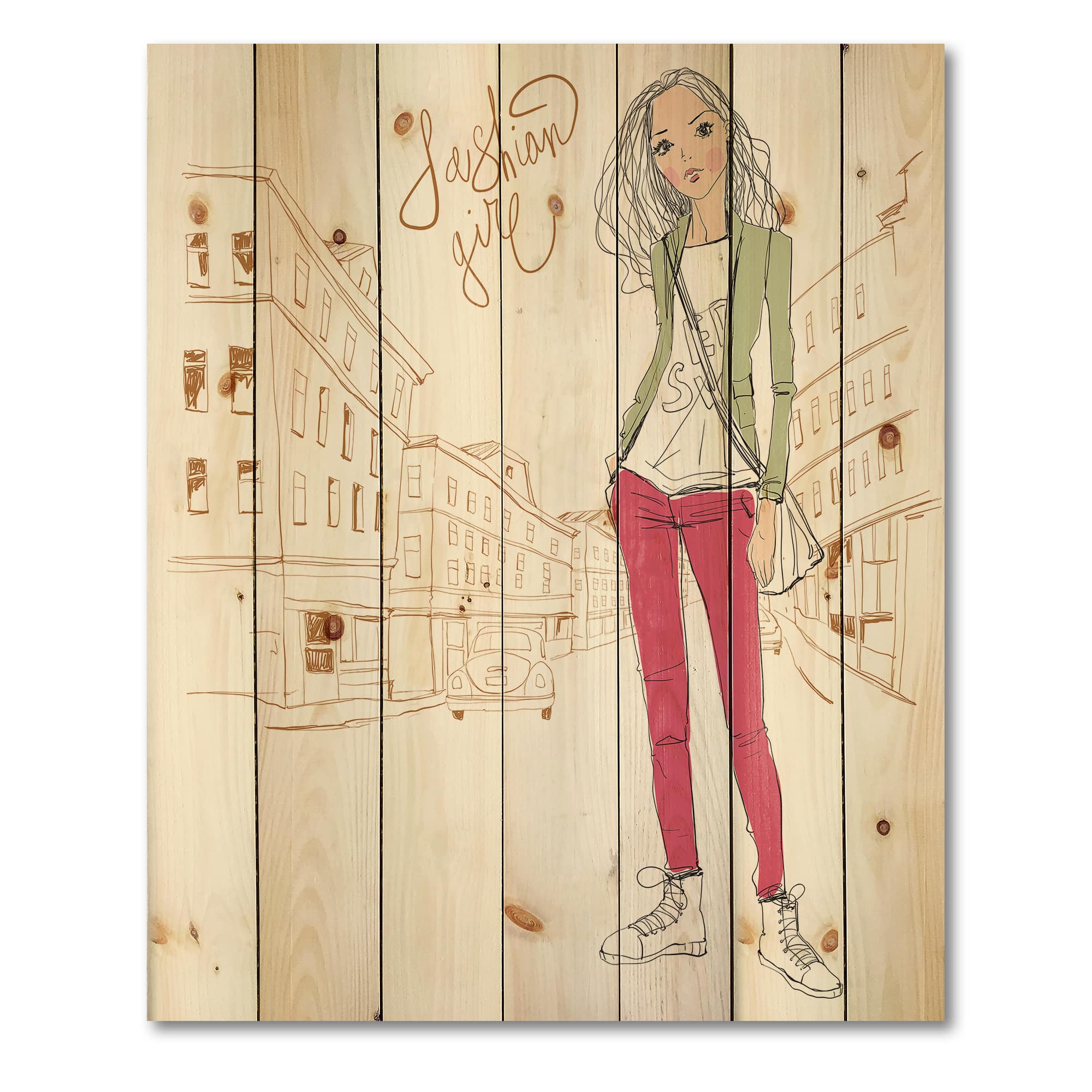 Designart - Trendy Fashion Girl II - Children's Art Print on Natural Pine Wood