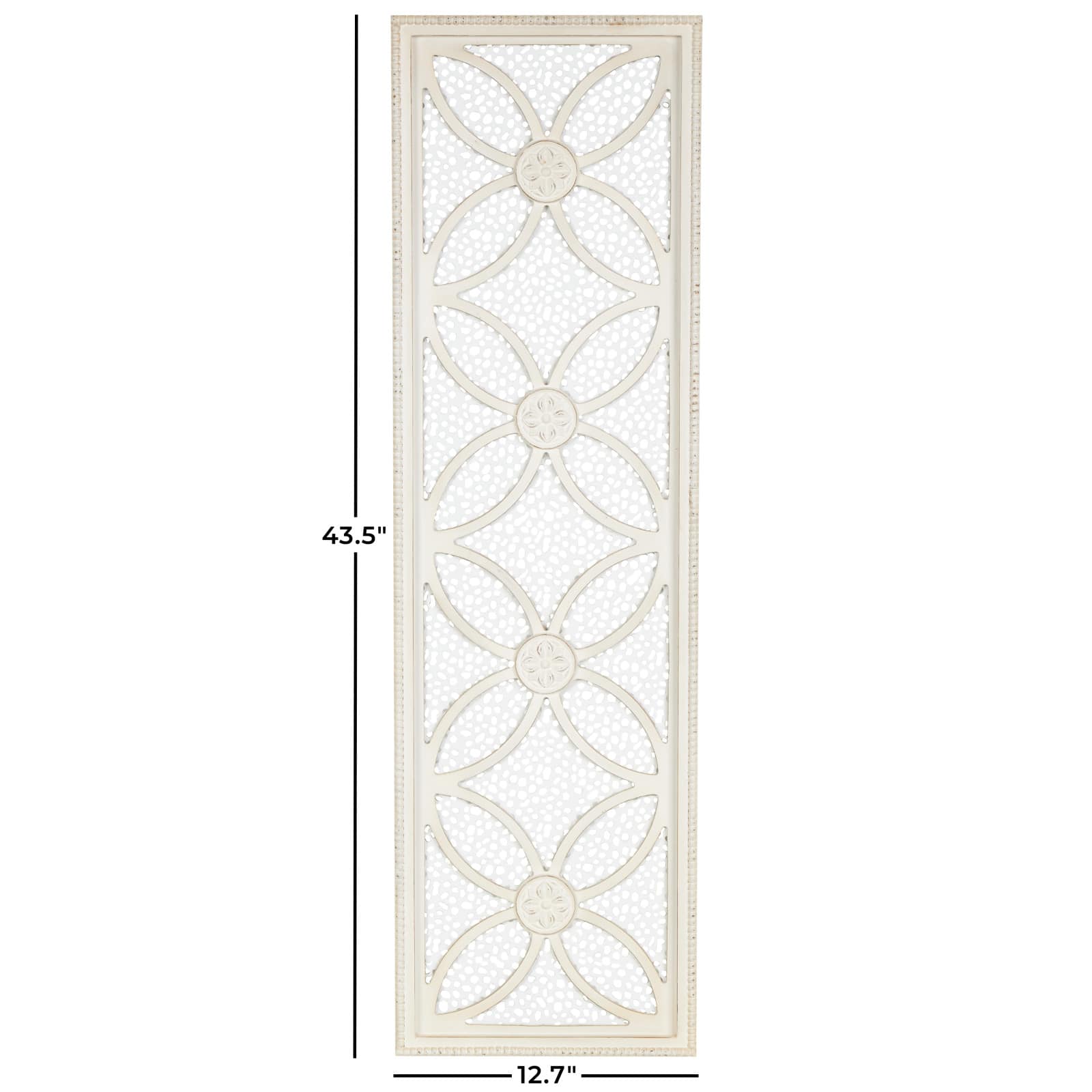 White wooden floral panel wall decor with cutout metal backing and beaded frame.