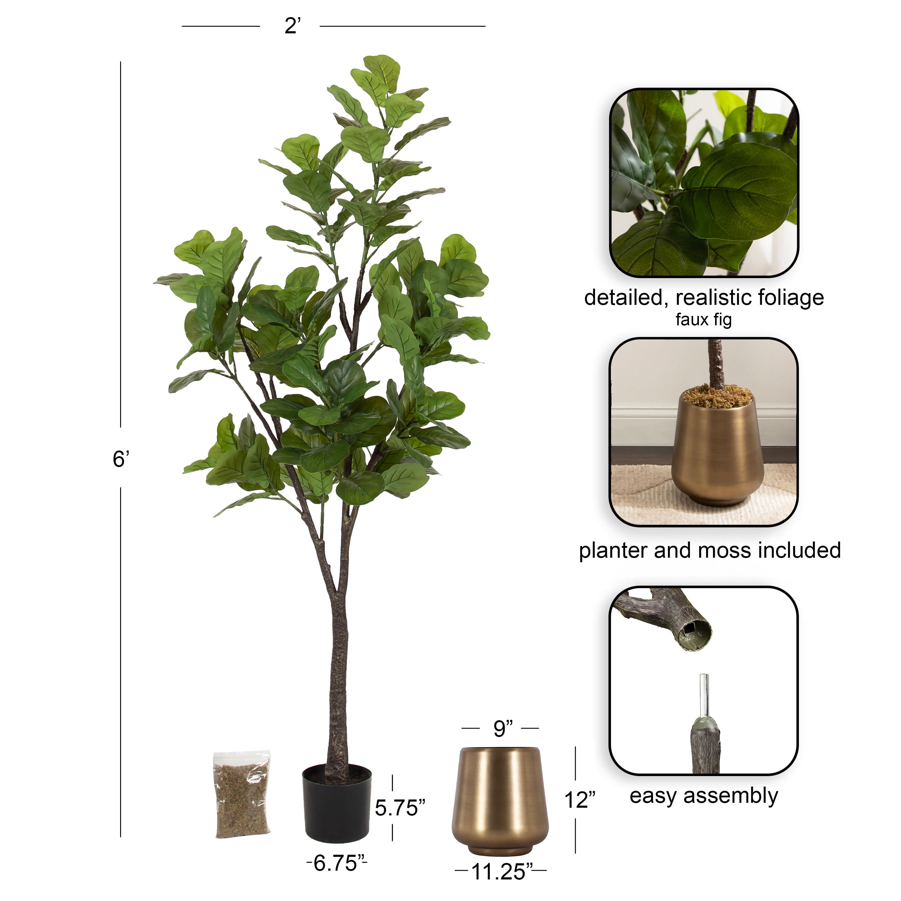 Kate and Laurel Fidmont 6ft. Faux Fiddle Fig Tree with Portell Antique Planter
