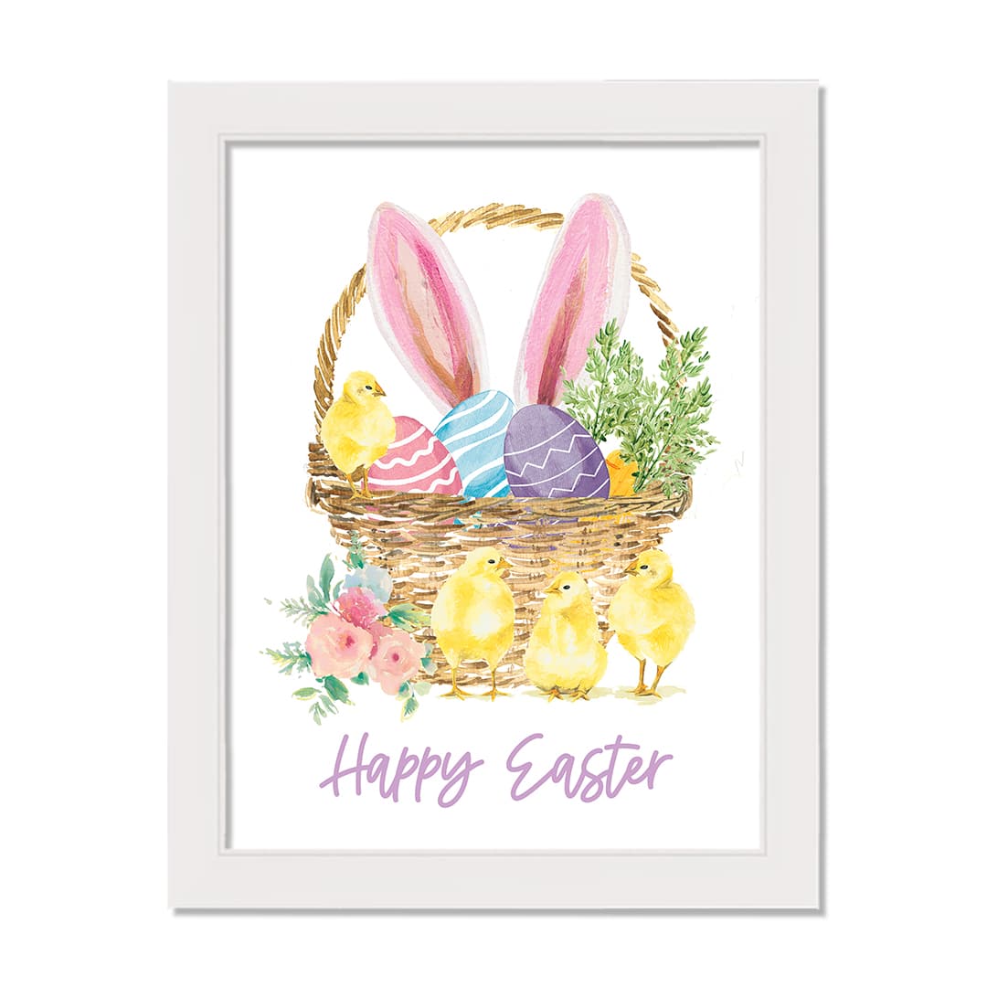 Egg and Chick Basket 12" x 16" White Framed Print Under Plexiglass