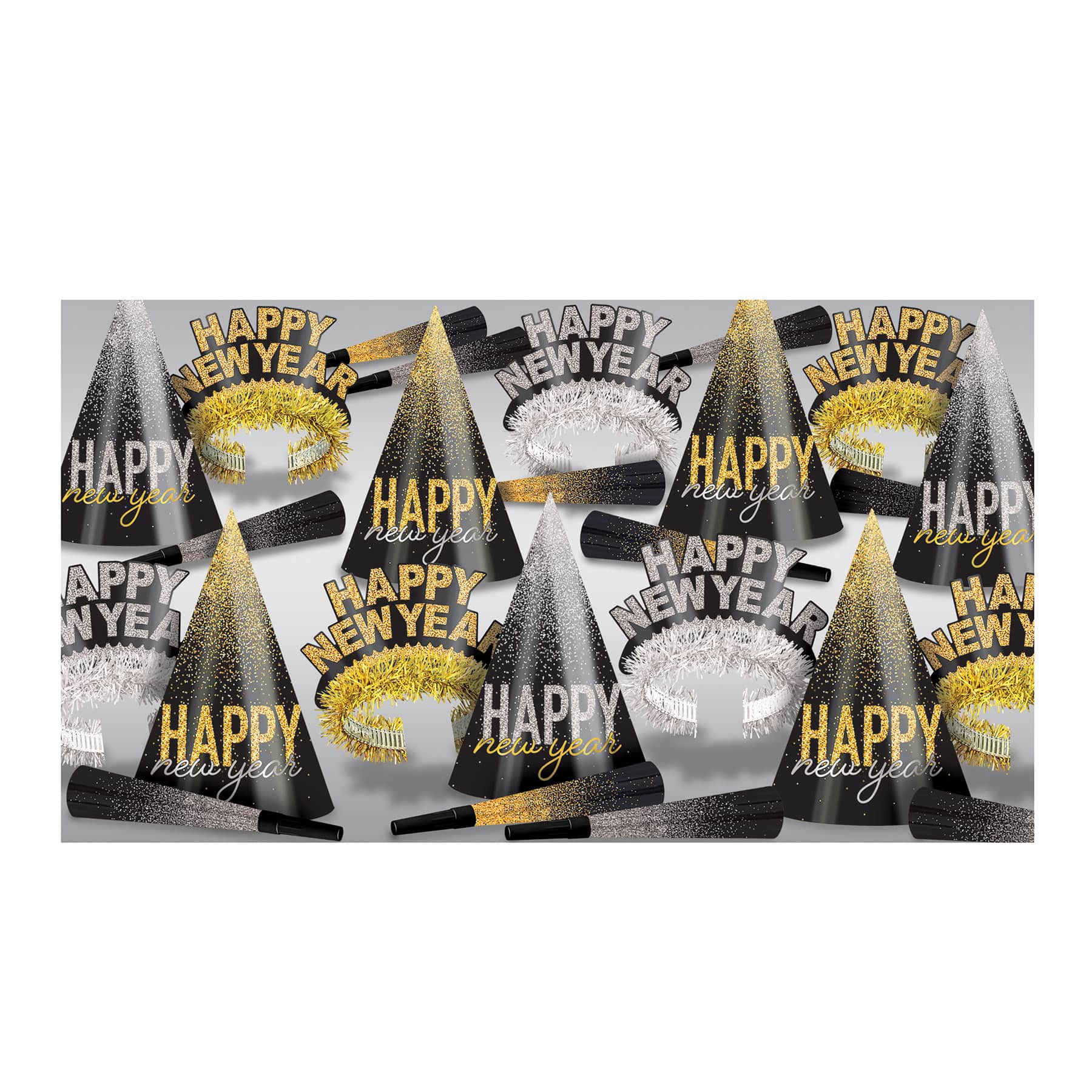 Beistle New Year Midnight Burst Silver & Gold Hats, Tiaras & Horns Kit
