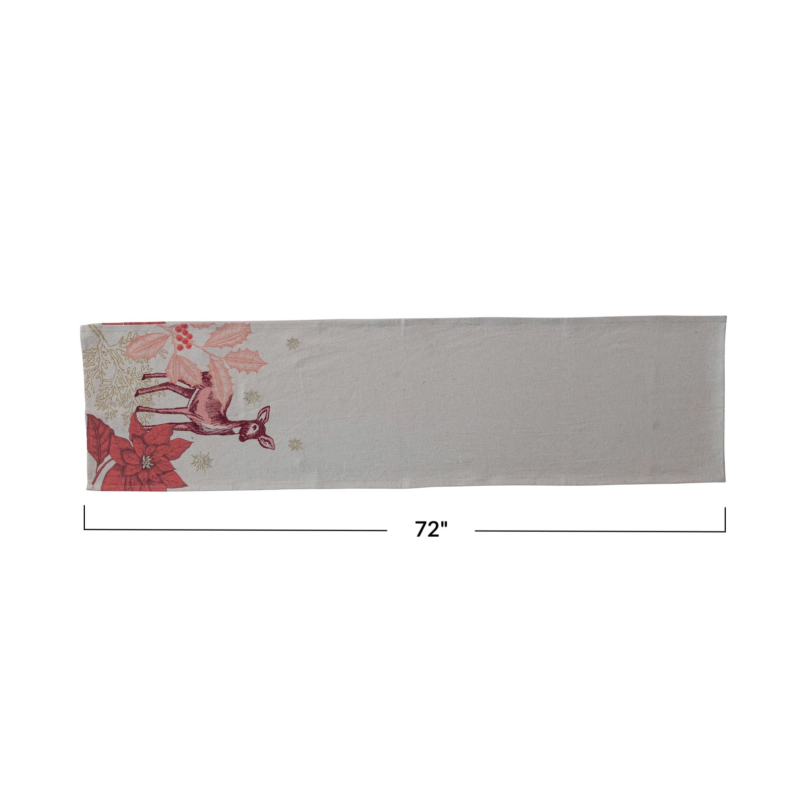 Hello Honey® 72" Natural White Cotton & Linen Printed Table Runner with Flora/Fauna Pattern & Metallic Gold Thread Embroidery