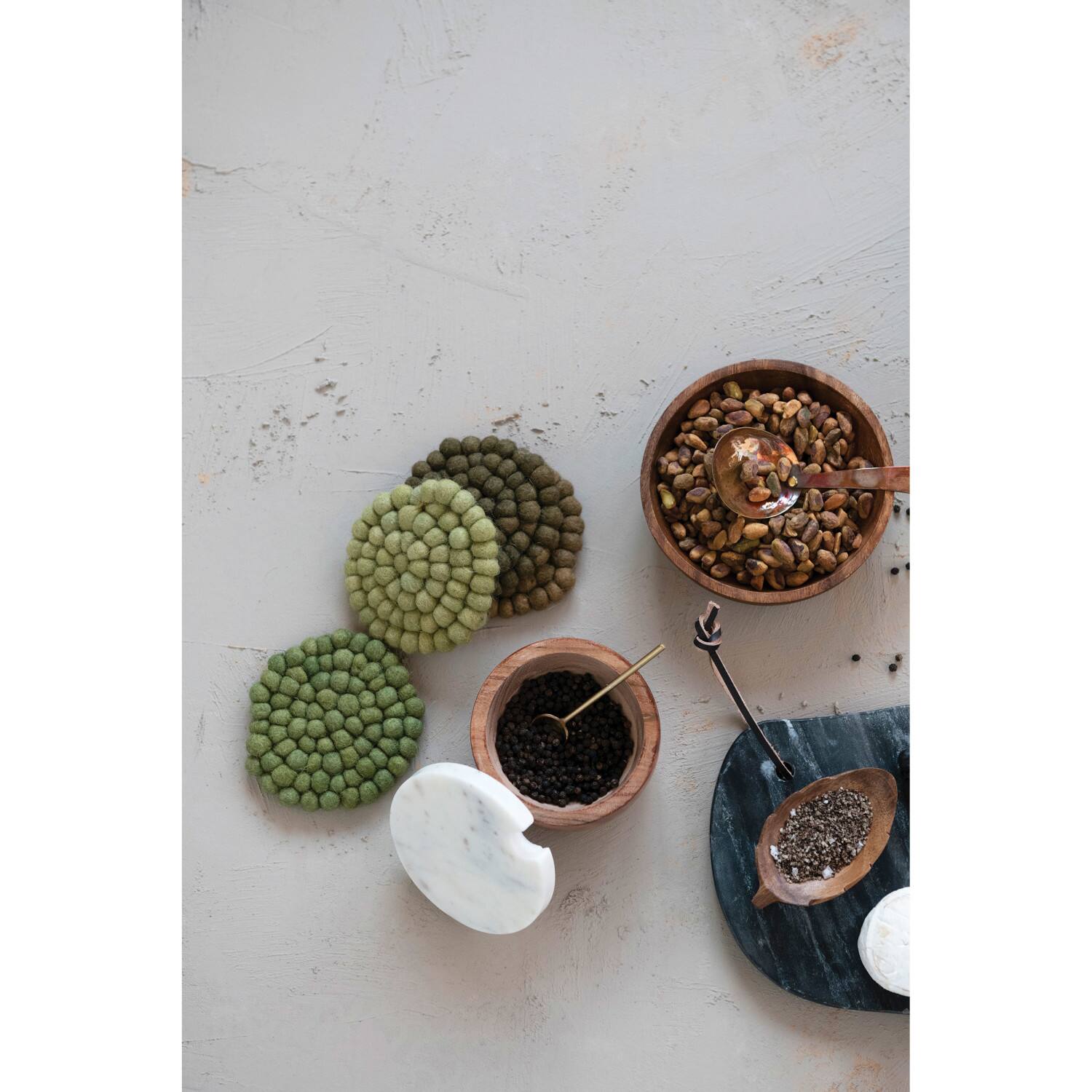 Hello Honey® Green Tones Handmade Wool Felt Ball Coaster Set