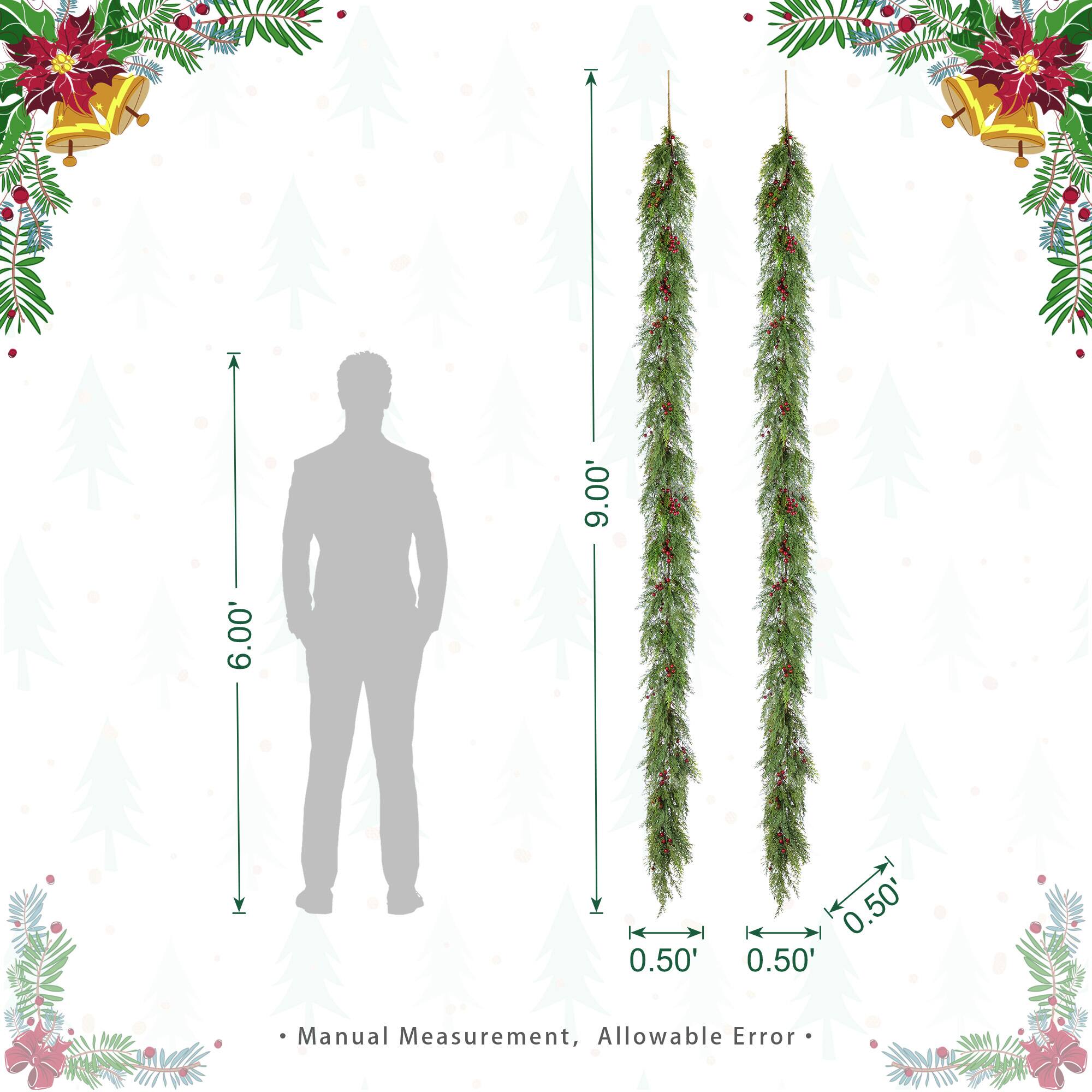 Glitzhome® 9ft. Christmas Greenery PE Dripping Cedar Garland with Red Berries, Set of 2