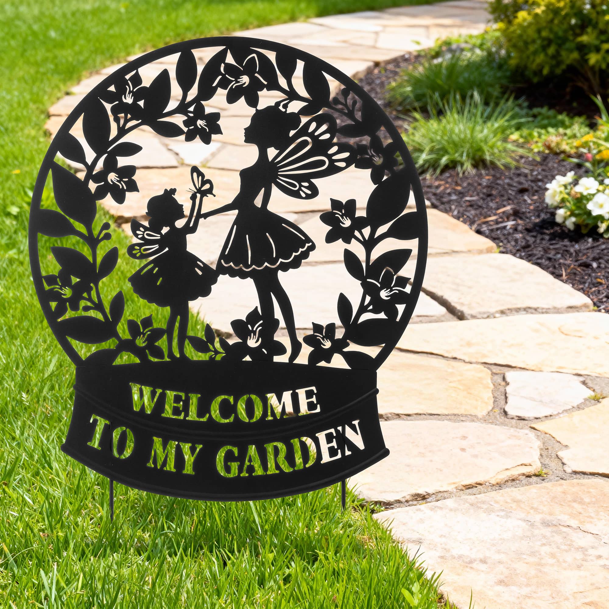 Glitzhome® 30" 2-in-1 Painted Metal Flower Fairy Silhouette Garden Yard Stake & Wall Decor