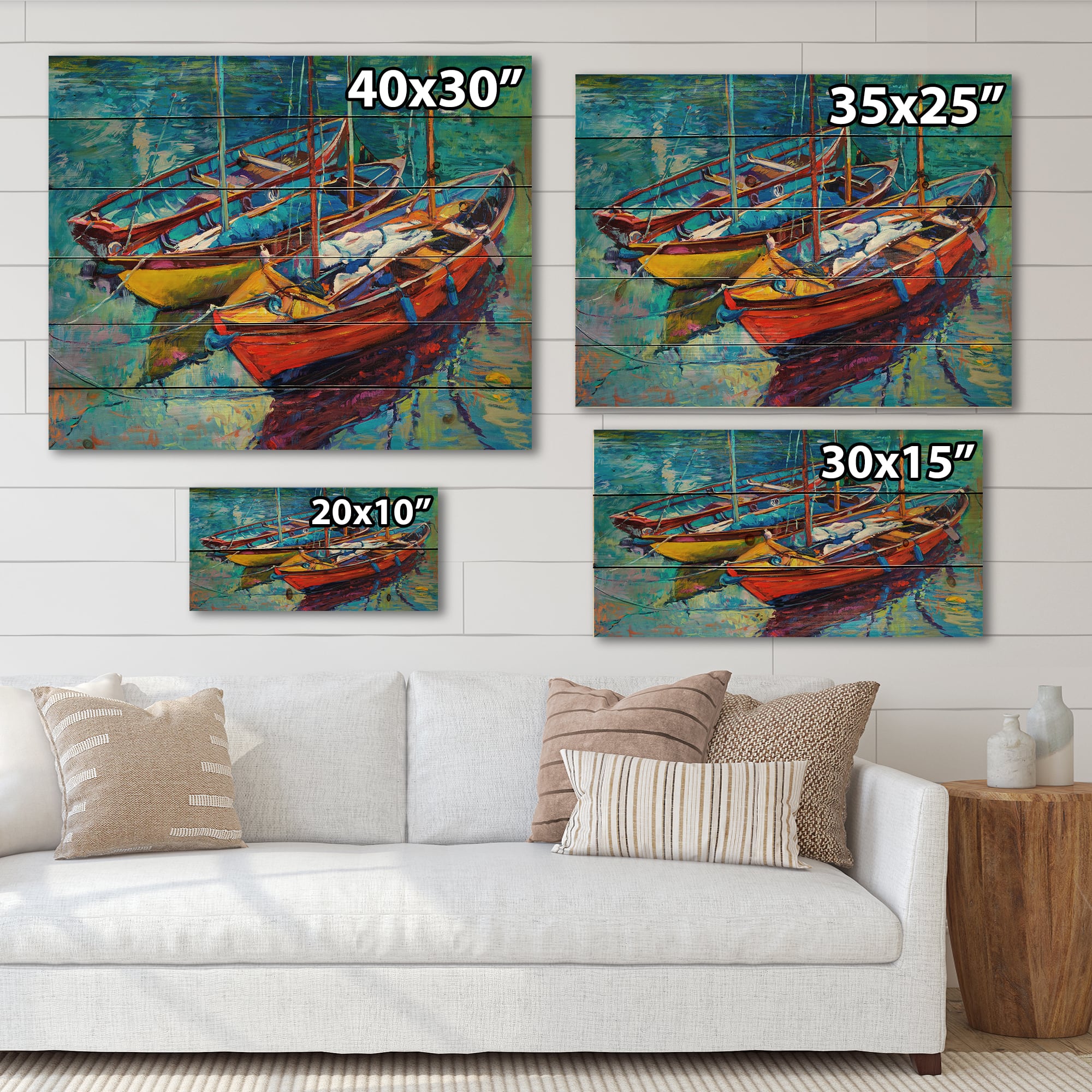 Designart - Three Boats In The Harbor - Nautical & Coastal Print on Natural Pine Wood