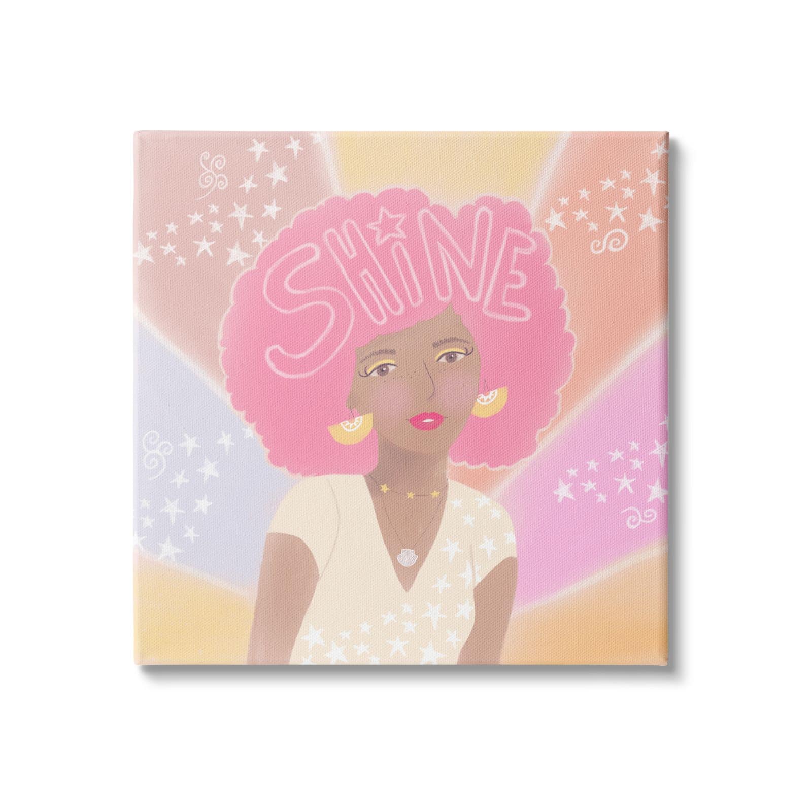 Stupell Industries Playful Shine Phrase Girl with Afro Rainbow Stars Canvas Wall Art