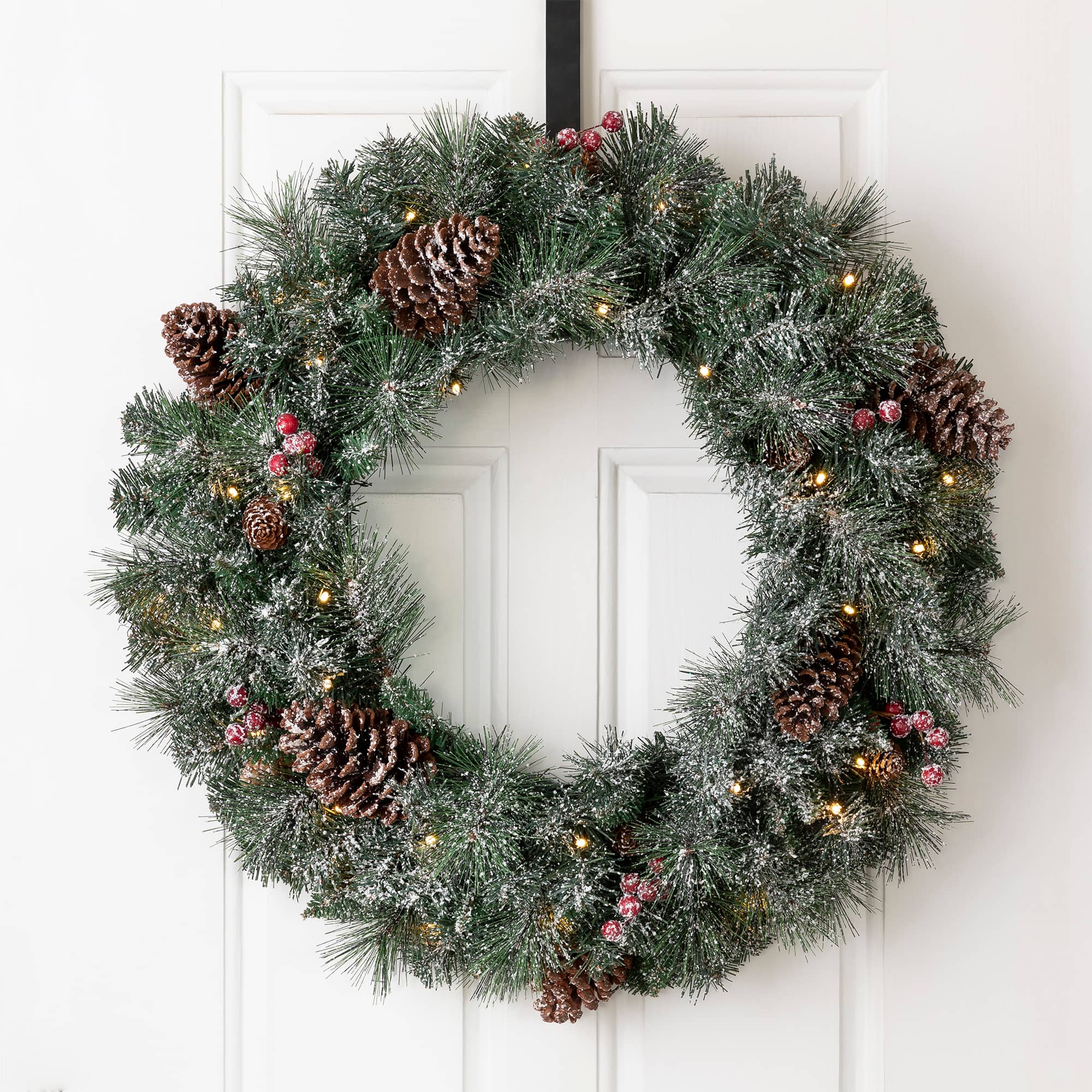 5-Piece Pre-Lit Glittered Pinecone Christmas Wreath, Garland & Flocked Christmas Tree, Warm White Lights