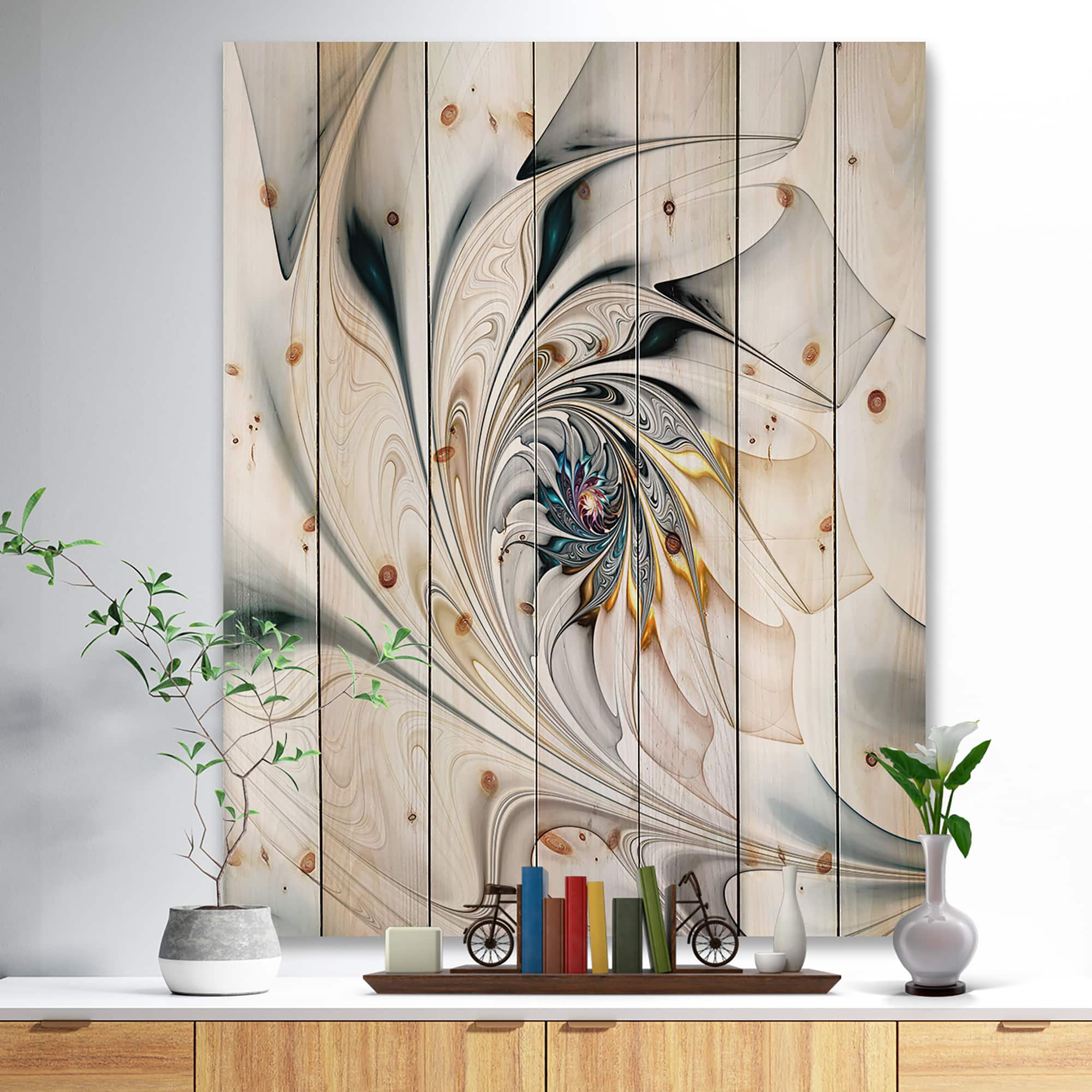 Designart - White Stained Glass Floral Art - Floral Print on Natural Pine Wood