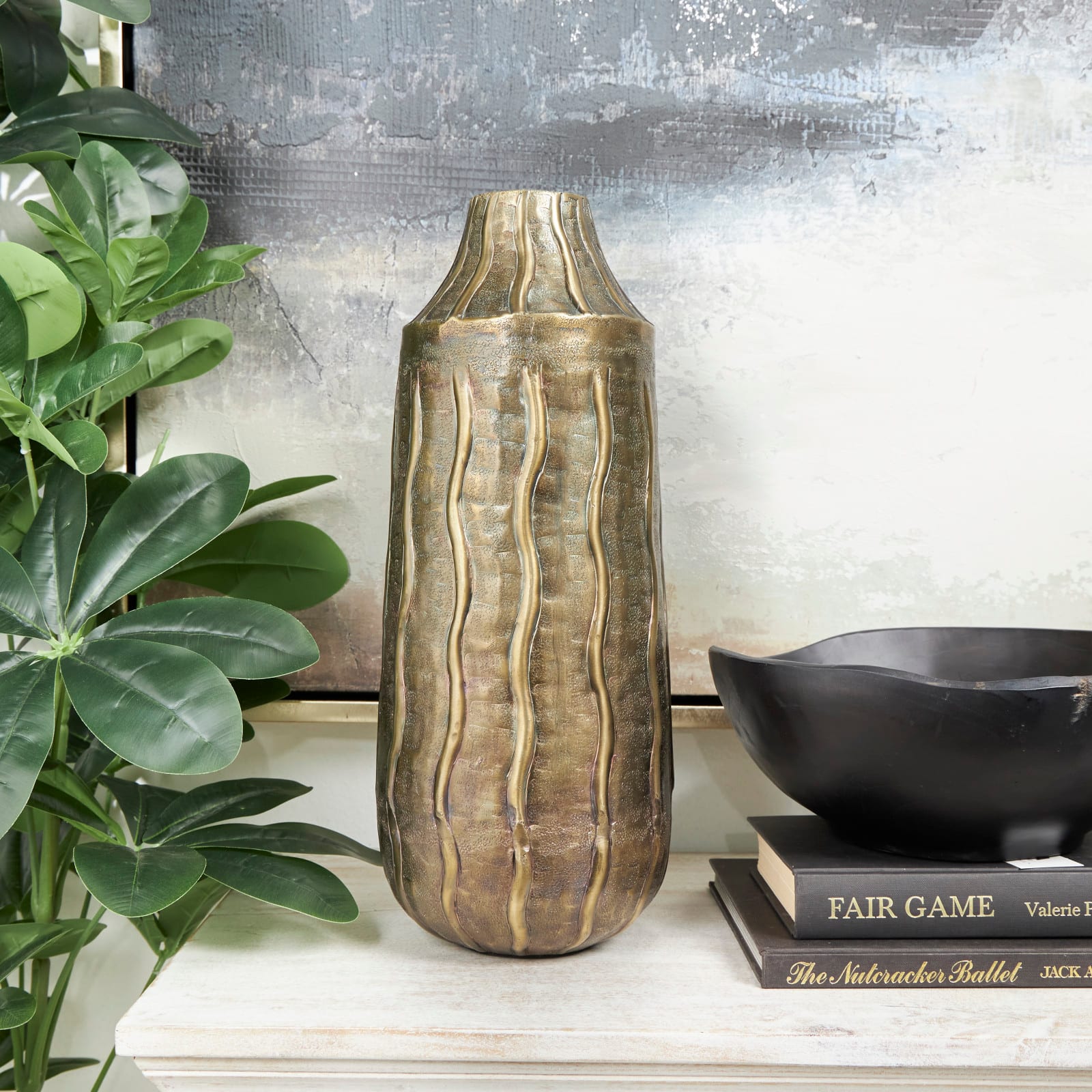 17" Brass Metal Snakeskin Inspired Vase with Dimensional Wavy Accents
